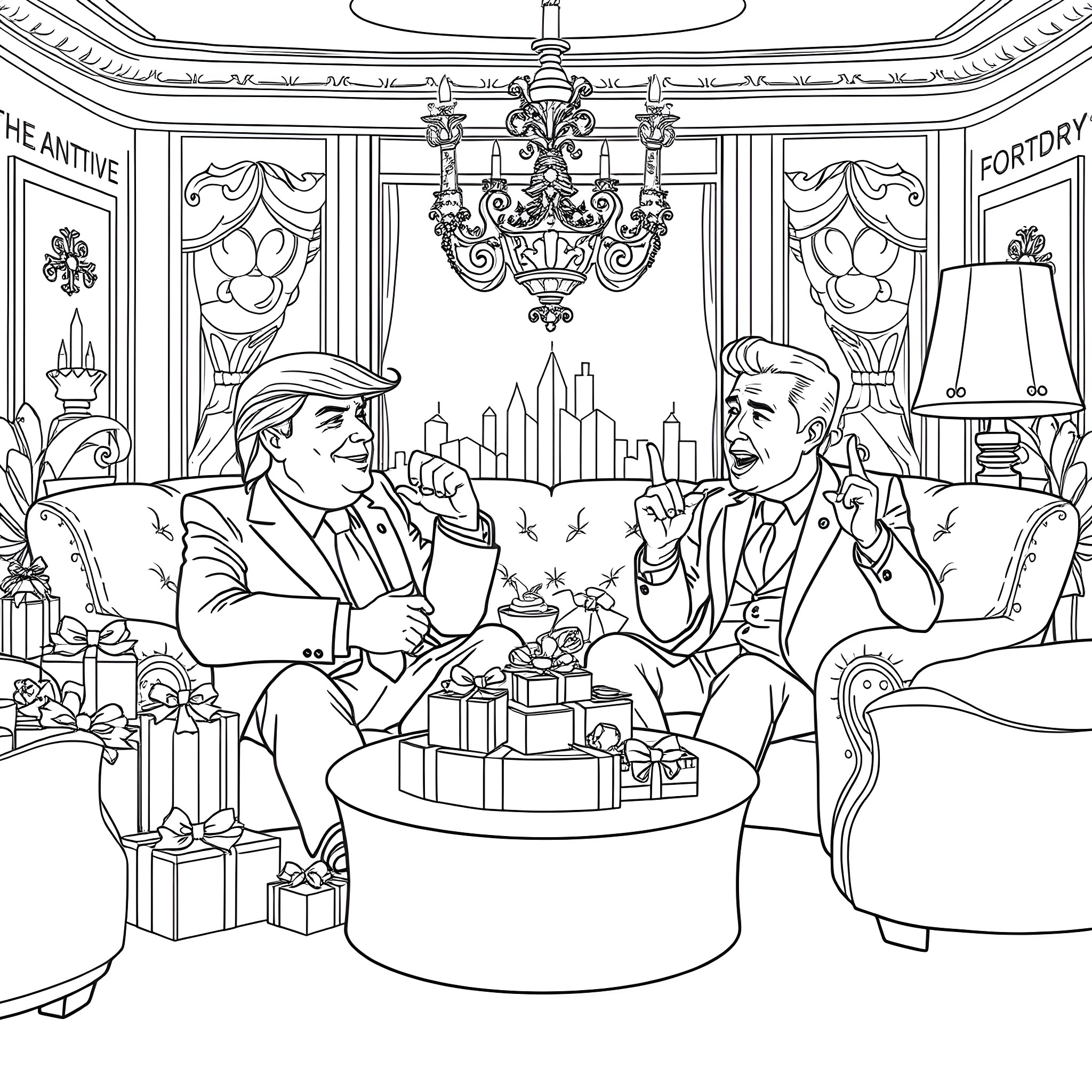 Trump and companion engaged in animated discussion Coloring Page (free black-and-white line drawing printable PDF for all, from beginners to advanced learners, including children, teens, adults, and seniors)