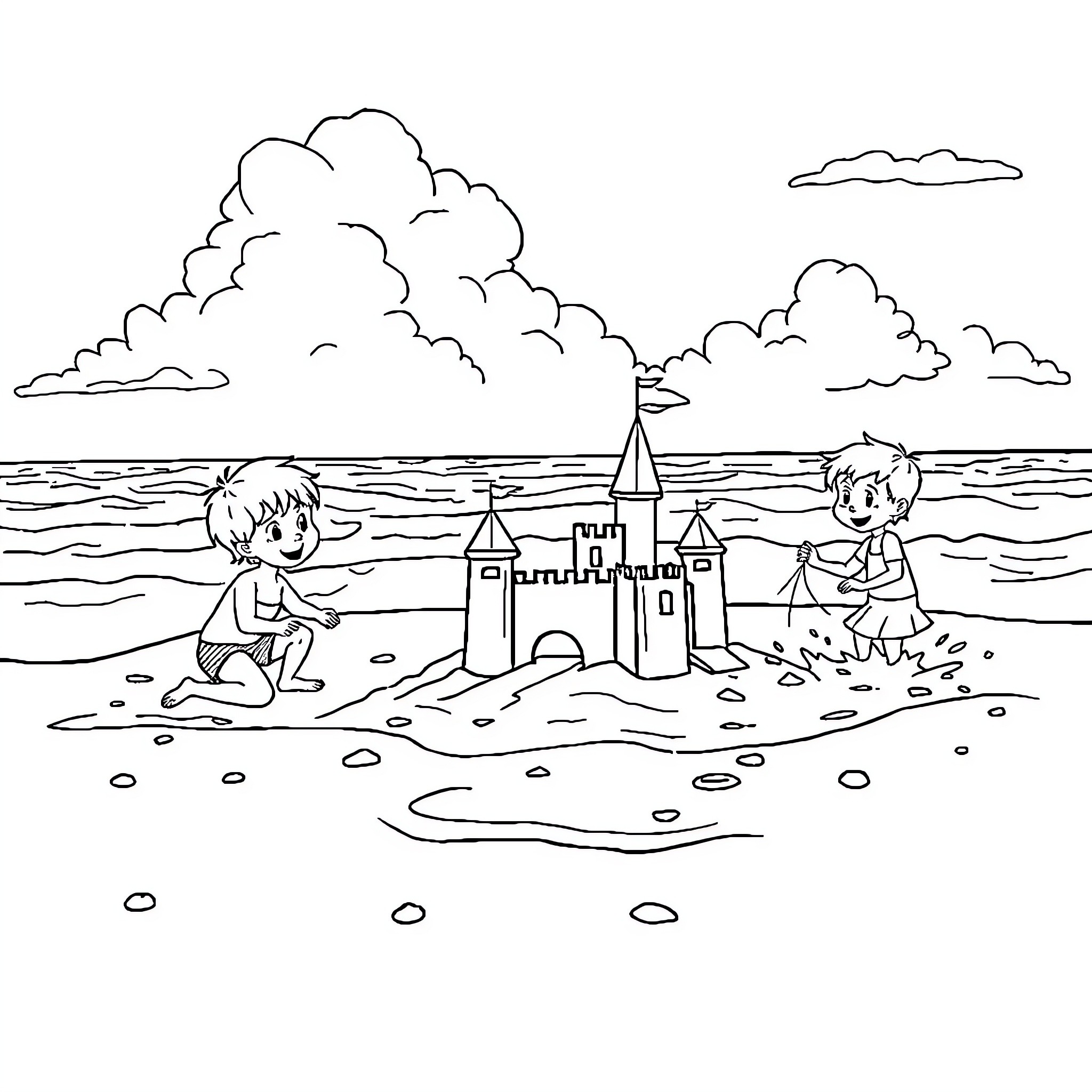 Kid's Fun Day at the Beach with Sand Castle Coloring Page (free black-and-white line drawing printable PDF for all, from beginners to advanced learners, including children, teens, adults, and seniors)