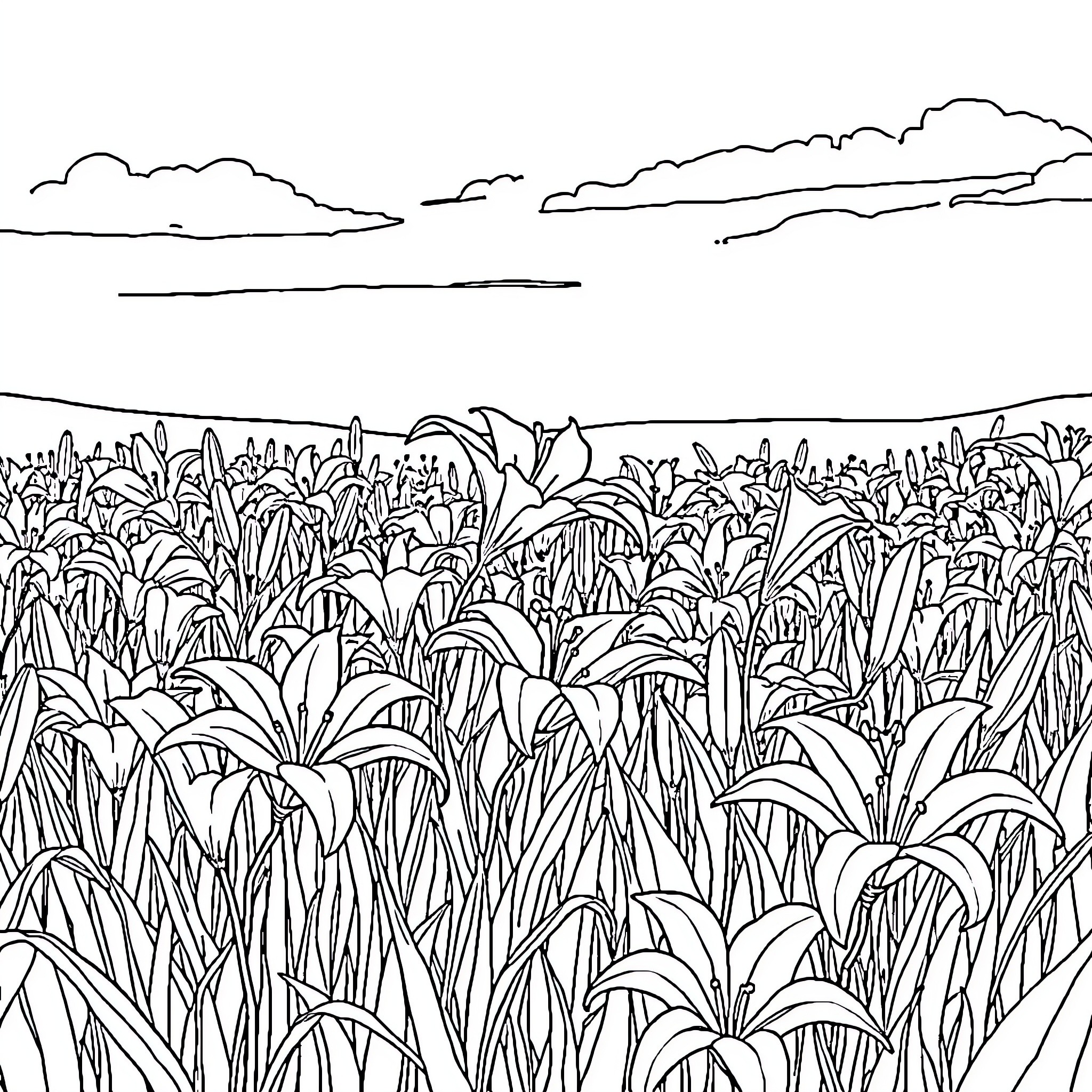 Lily's Peaceful Floral Meadow Coloring Page (free black-and-white line drawing printable PDF for all, from beginners to advanced learners, including children, teens, adults, and seniors)