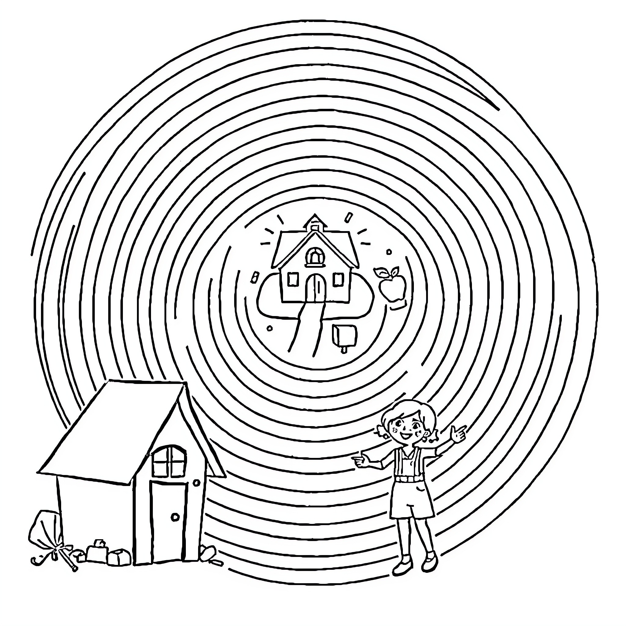 Maze with Playful Child and House Coloring Page (free black-and-white line drawing printable PDF for all, from beginners to advanced learners, including children, teens, adults, and seniors)