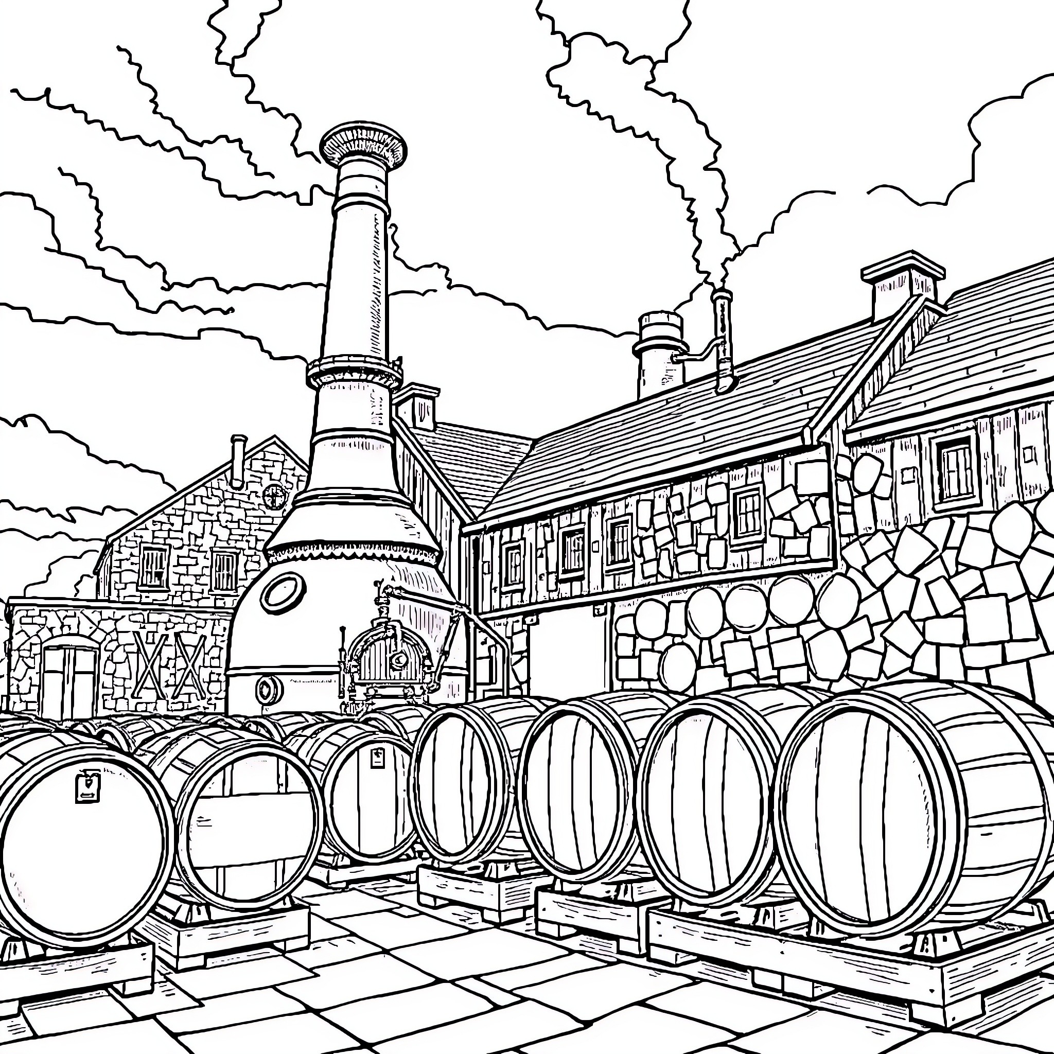 Whisky Distillery with Barrels and Smokestack Coloring Page (free black-and-white line drawing printable PDF for all, from beginners to advanced learners, including children, teens, adults, and seniors)