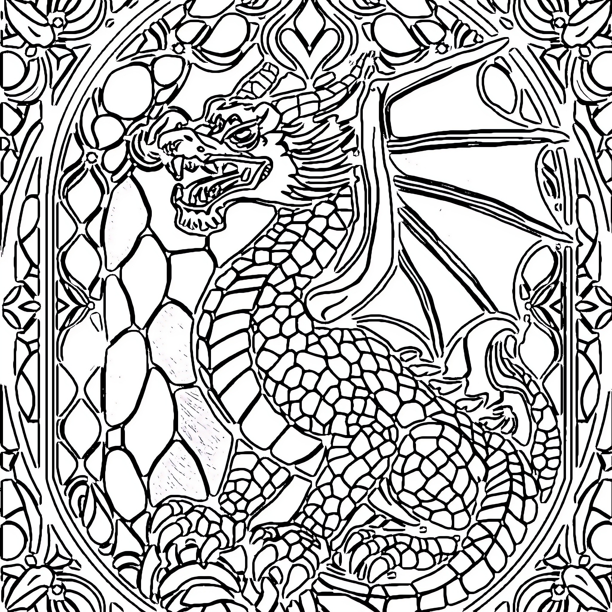 Dragon Soaring Majestically through Ornate Patterns Coloring Page (free black-and-white line drawing printable PDF for all, from beginners to advanced learners, including children, teens, adults, and seniors)