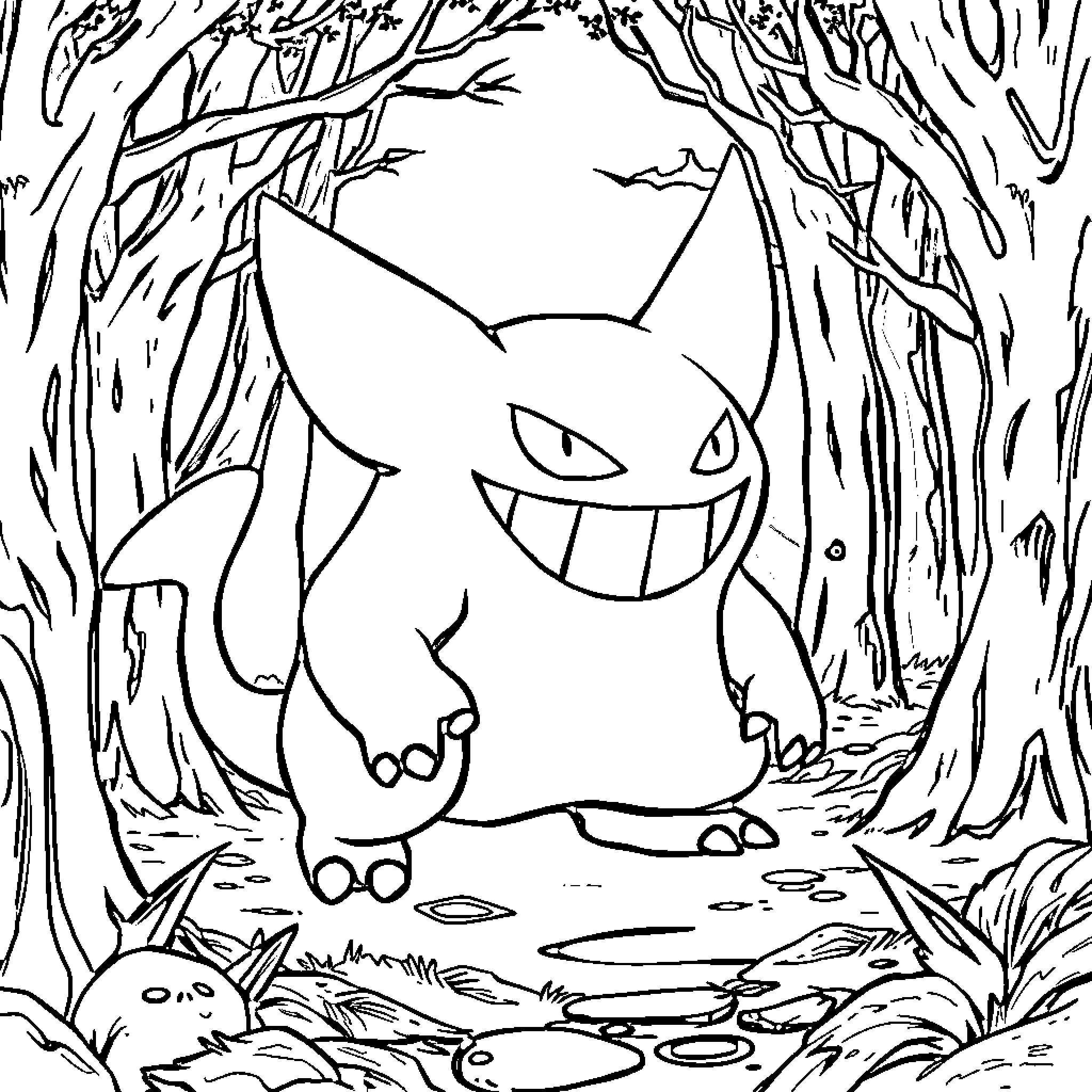 Gengar lurking in the eerie forest Coloring Page (free black-and-white line drawing printable PDF for all, from beginners to advanced learners, including children, teens, adults, and seniors)