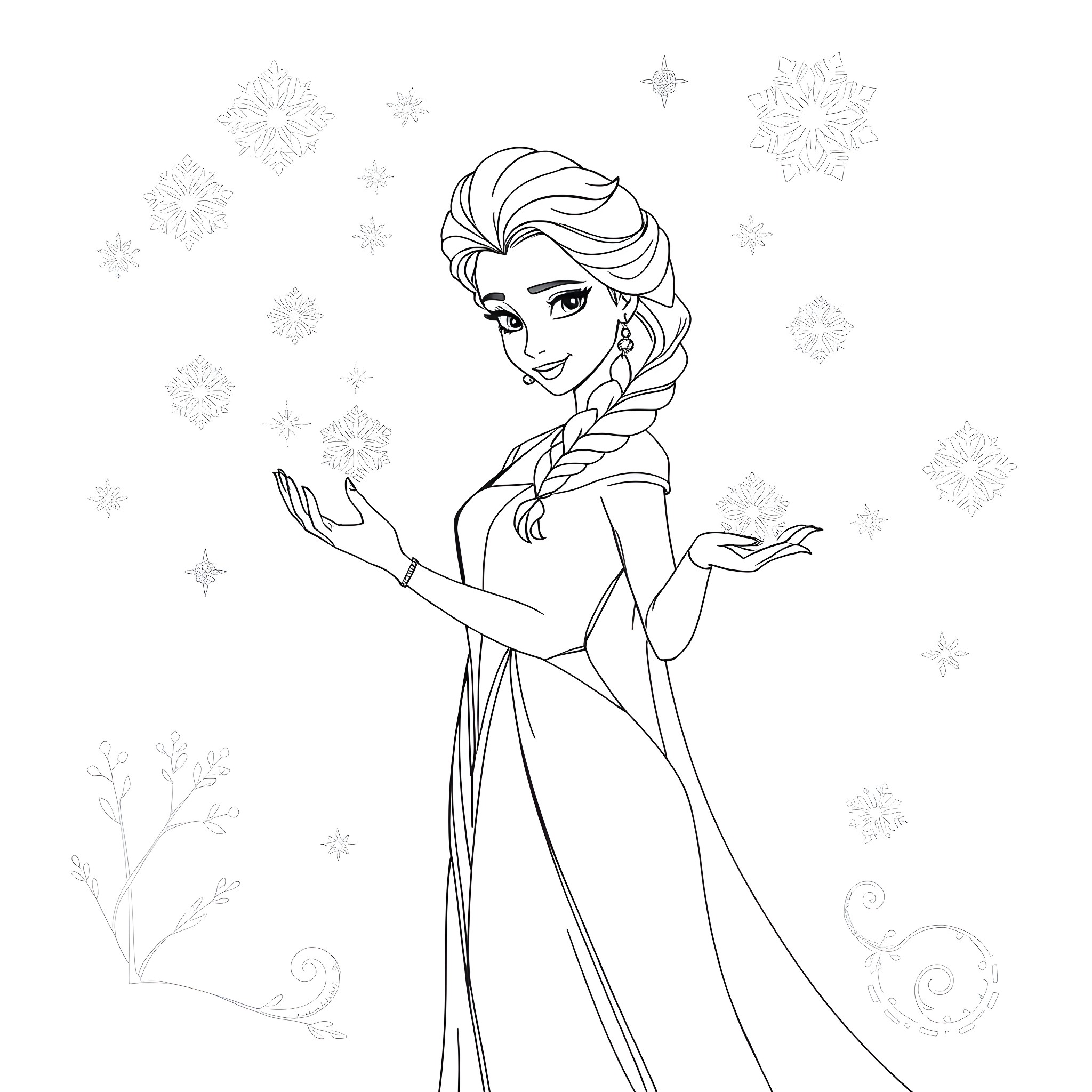 Elsa's Icy Enchantment: A Winter's Tale Coloring Page (free black-and-white line drawing printable PDF for all, from beginners to advanced learners, including children, teens, adults, and seniors)