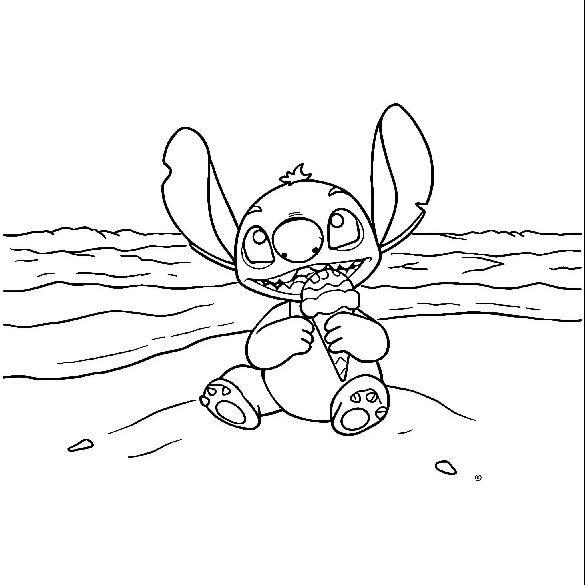 Stitch sitting and exploring the beach Coloring Page (free black-and-white line drawing printable PDF for all, from beginners to advanced learners, including children, teens, adults, and seniors)
