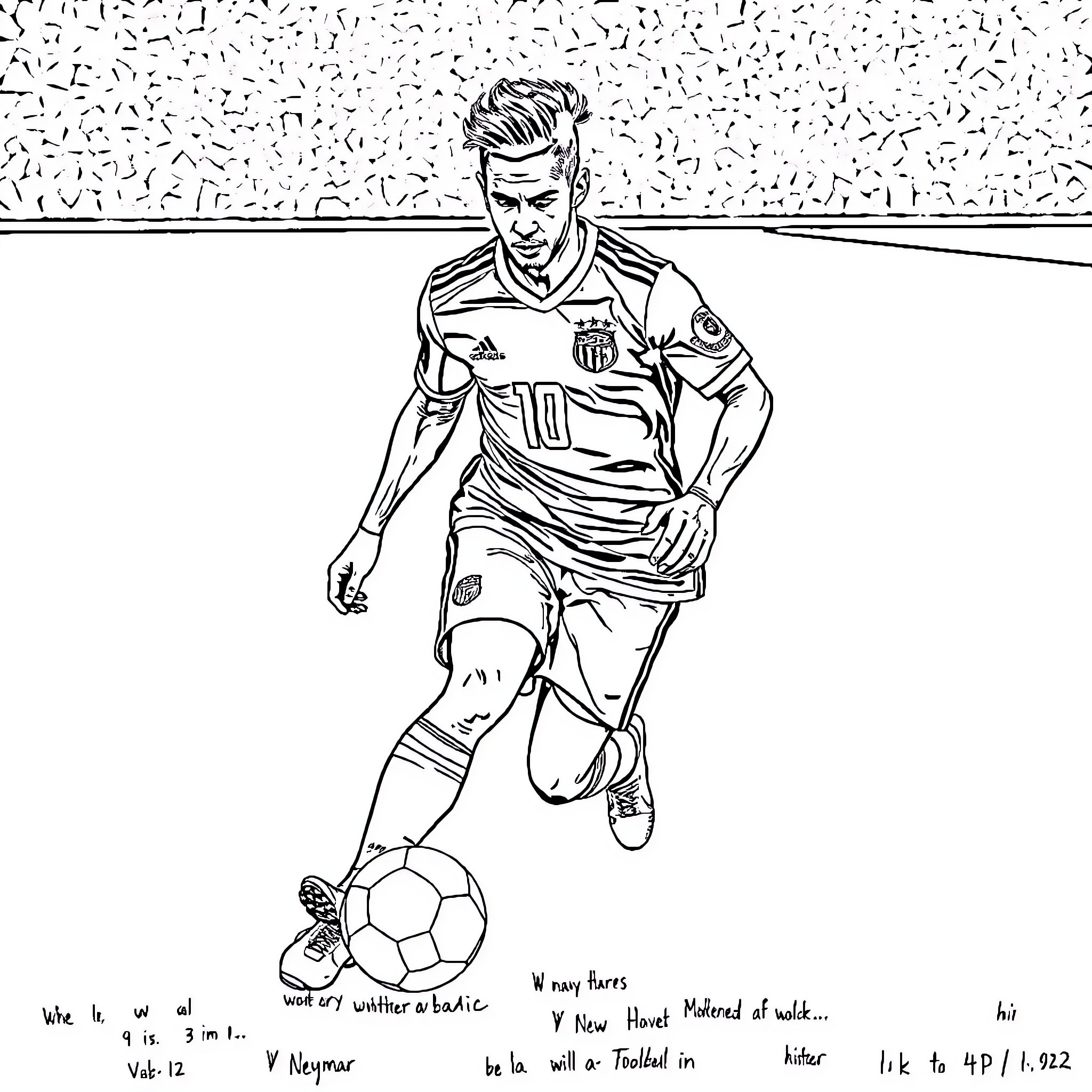 Neymar playing soccer in a match Coloring Page (free black-and-white line drawing printable PDF for all, from beginners to advanced learners, including children, teens, adults, and seniors)