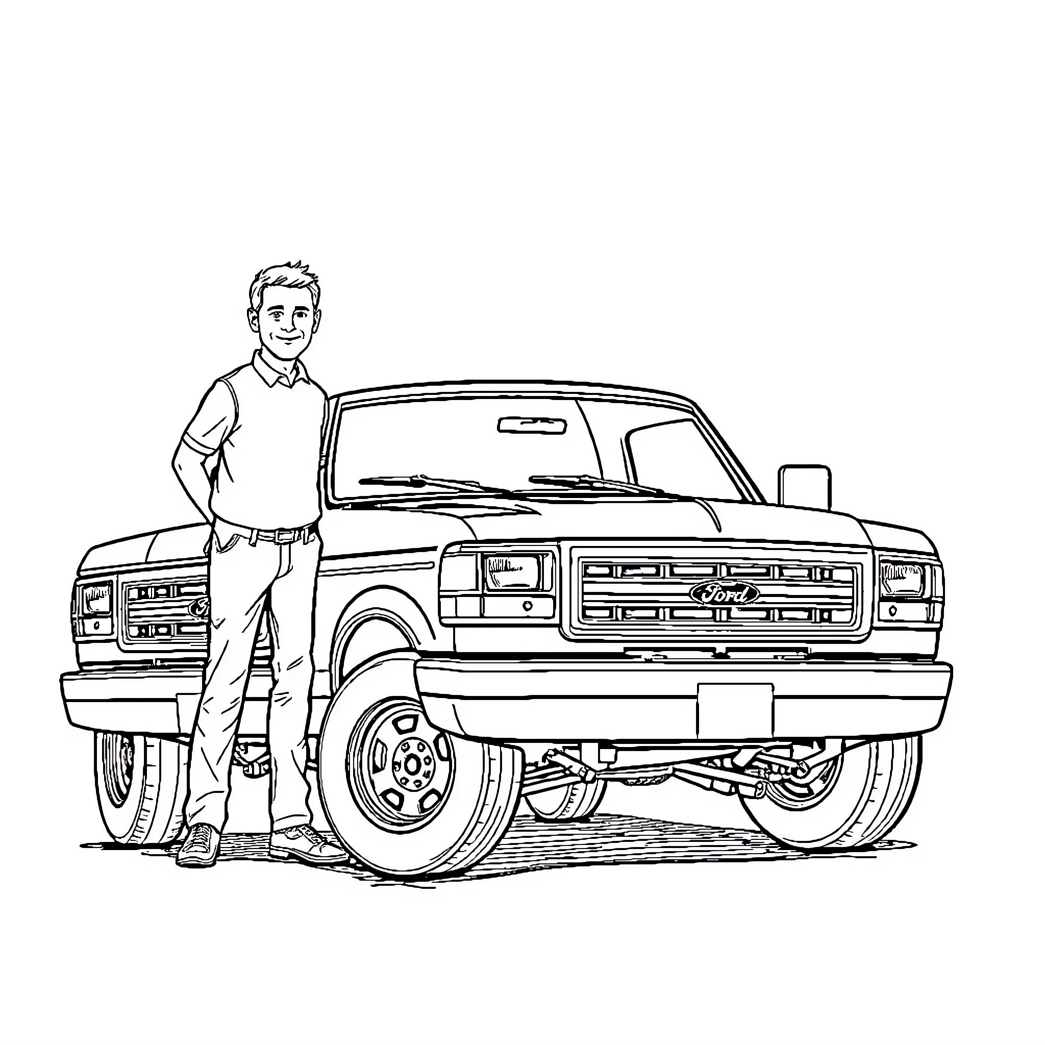 Truck with person standing next to it Coloring Page (free black-and-white line drawing printable PDF for all, from beginners to advanced learners, including children, teens, adults, and seniors)