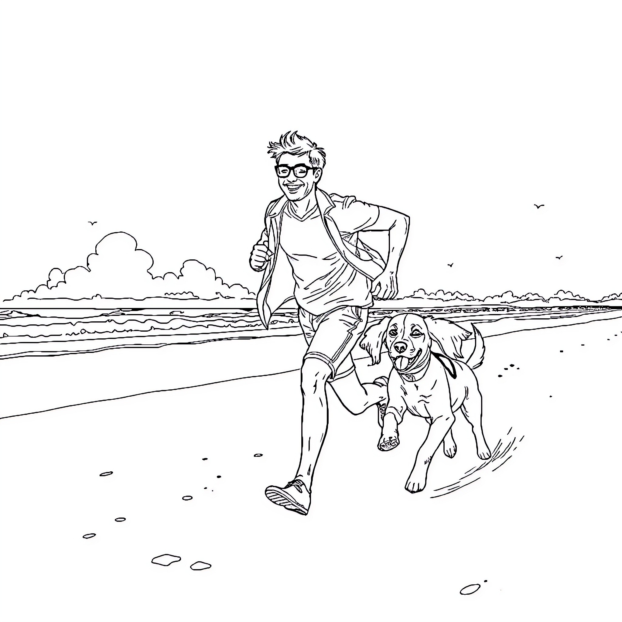 Man jogging with his dog along the beach Coloring Page (free black-and-white line drawing printable PDF for all, from beginners to advanced learners, including children, teens, adults, and seniors)