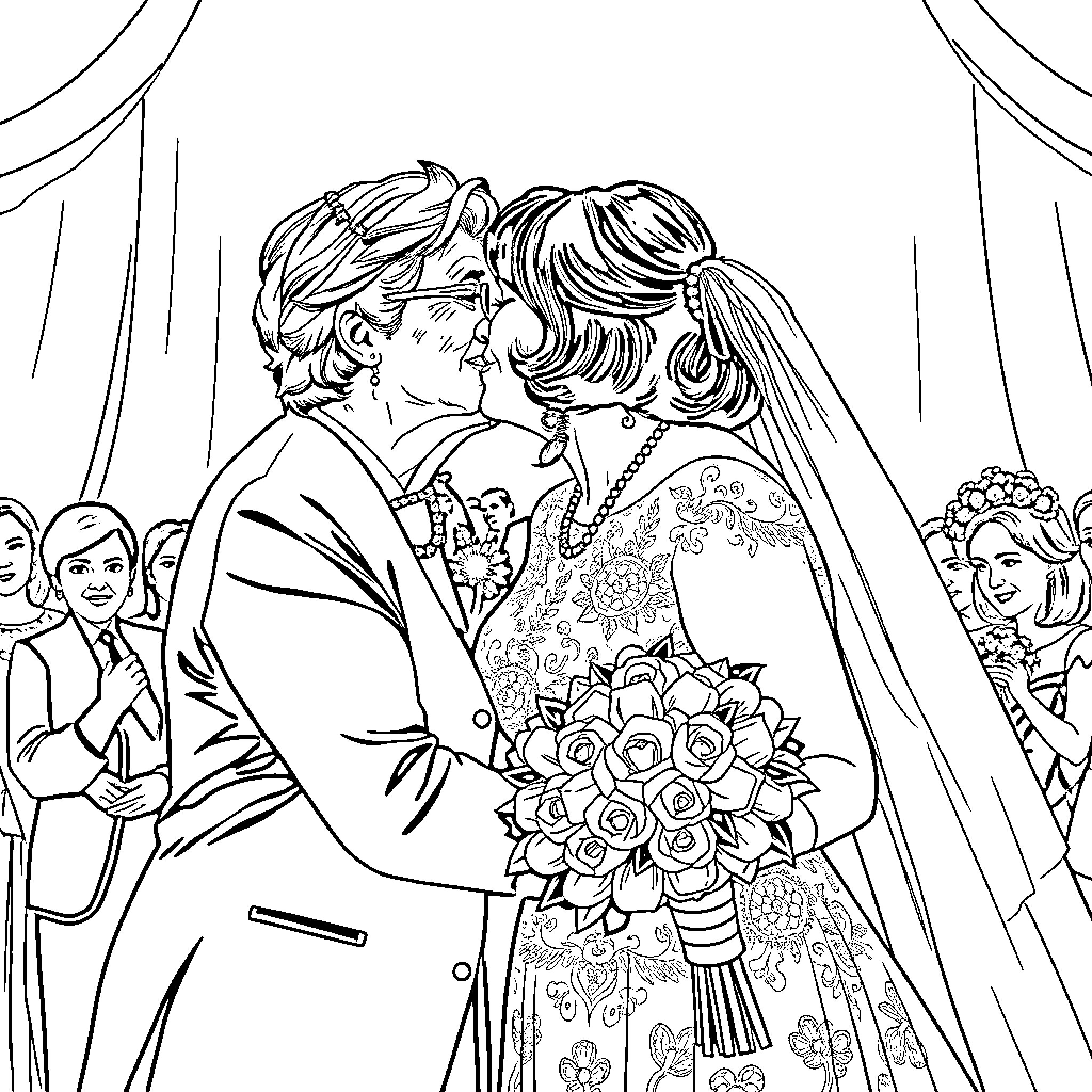 Woman in wedding attire exchanging vows with partner Coloring Page (free black-and-white line drawing printable PDF for all, from beginners to advanced learners, including children, teens, adults, and seniors)