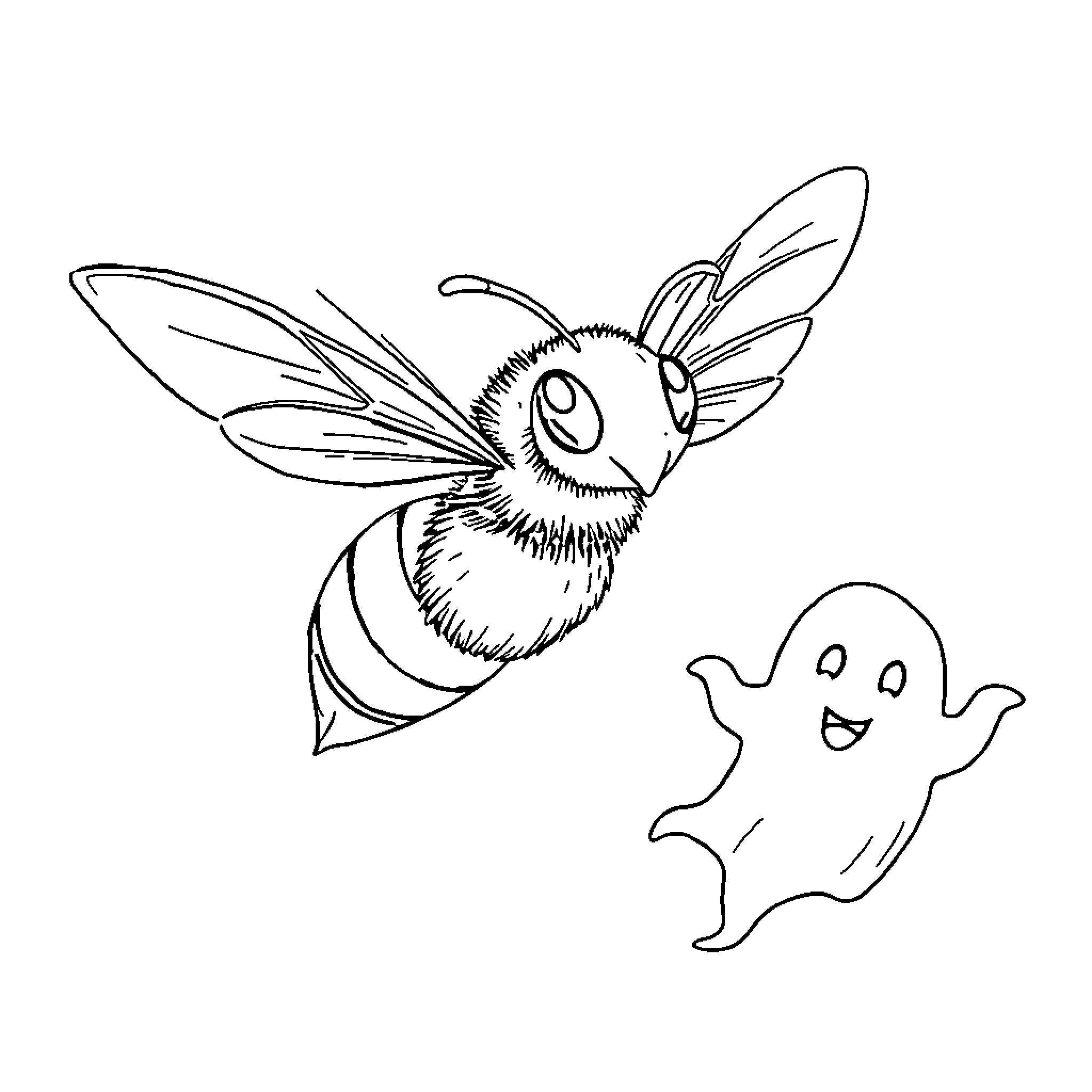 Hornet chasing friendly ghost in spooky scene Coloring Page (free black-and-white line drawing printable PDF for all, from beginners to advanced learners, including children, teens, adults, and seniors)