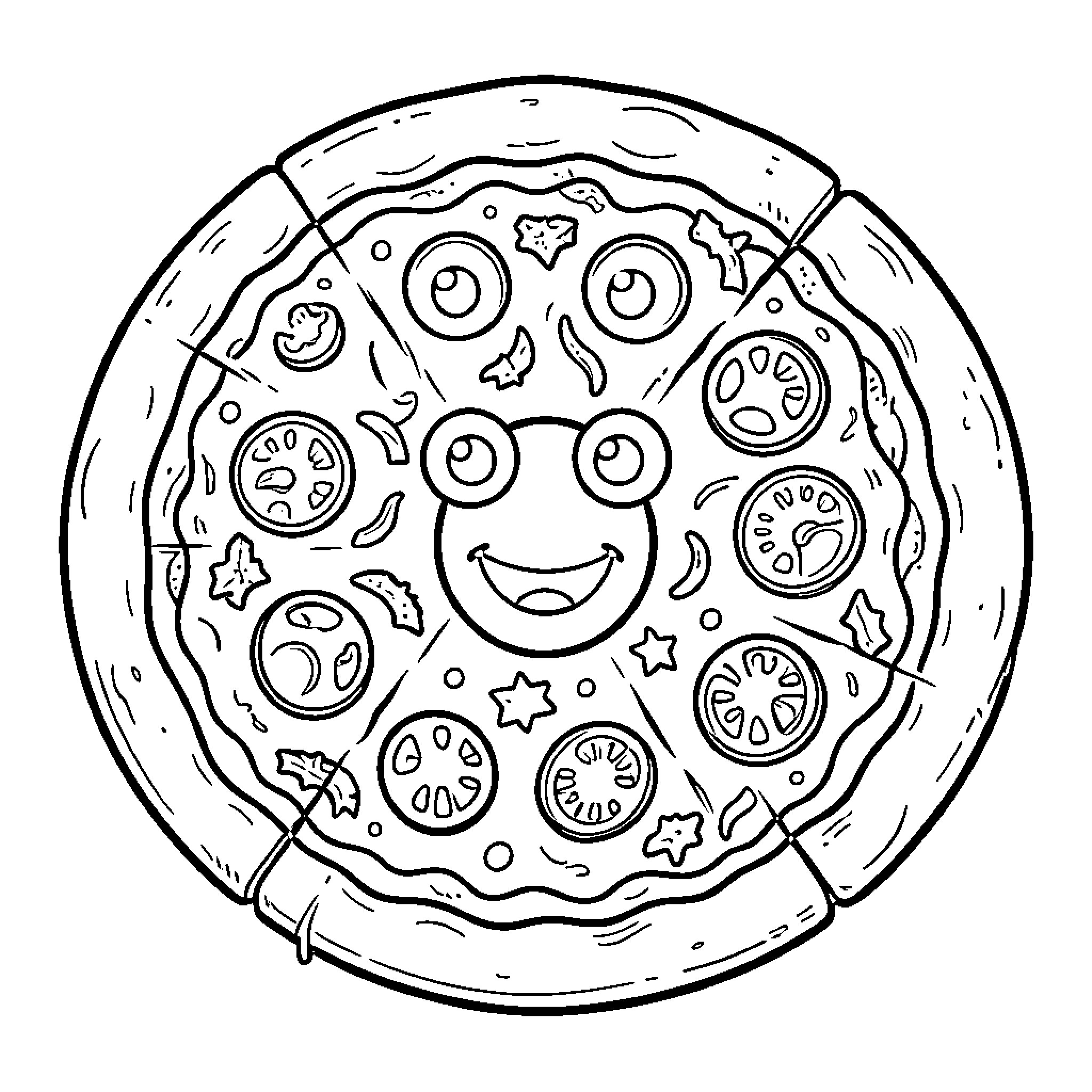 Pizza with Whimsical Toppings and Playful Design Coloring Page (free black-and-white line drawing printable PDF for all, from beginners to advanced learners, including children, teens, adults, and seniors)