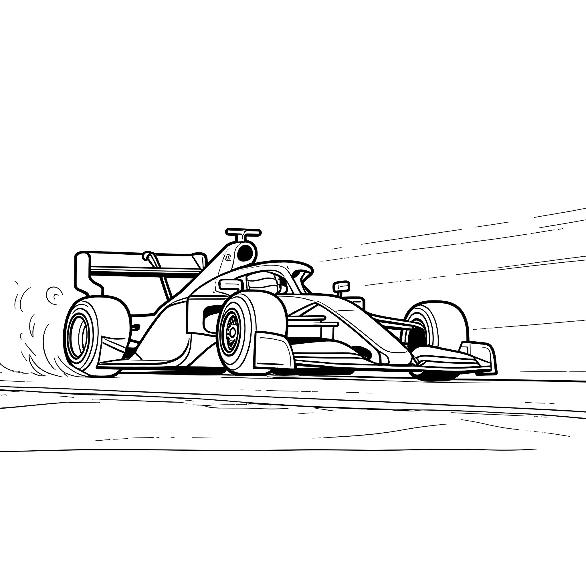 Formula 1 Car speeding through the race track Coloring Page (free black-and-white line drawing printable PDF for all, from beginners to advanced learners, including children, teens, adults, and seniors)