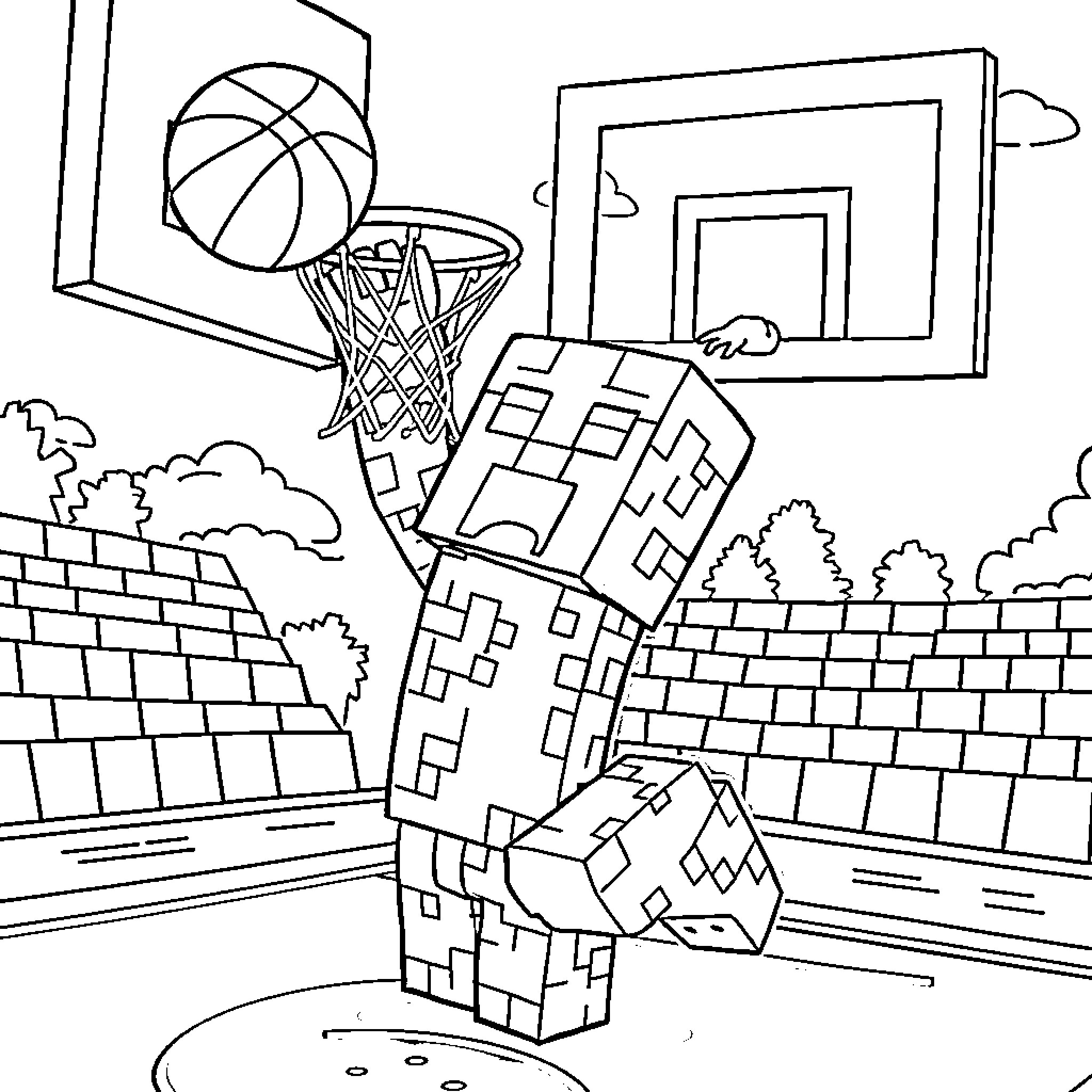 Creeper crashing through basketball hoop on the court Coloring Page (free black-and-white line drawing printable PDF for all, from beginners to advanced learners, including children, teens, adults, and seniors)