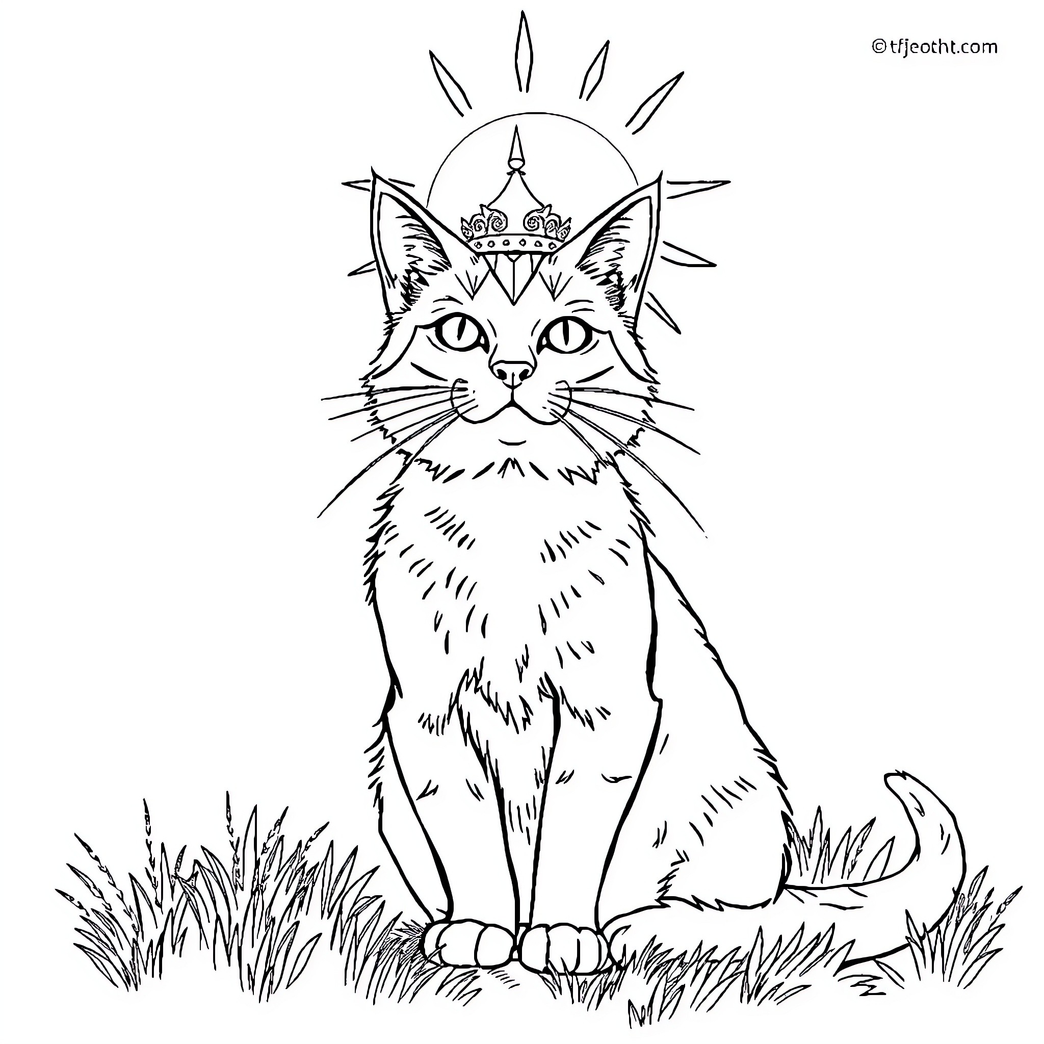 King Cat adorned with a crown in a grassy field Coloring Page (free black-and-white line drawing printable PDF for all, from beginners to advanced learners, including children, teens, adults, and seniors)