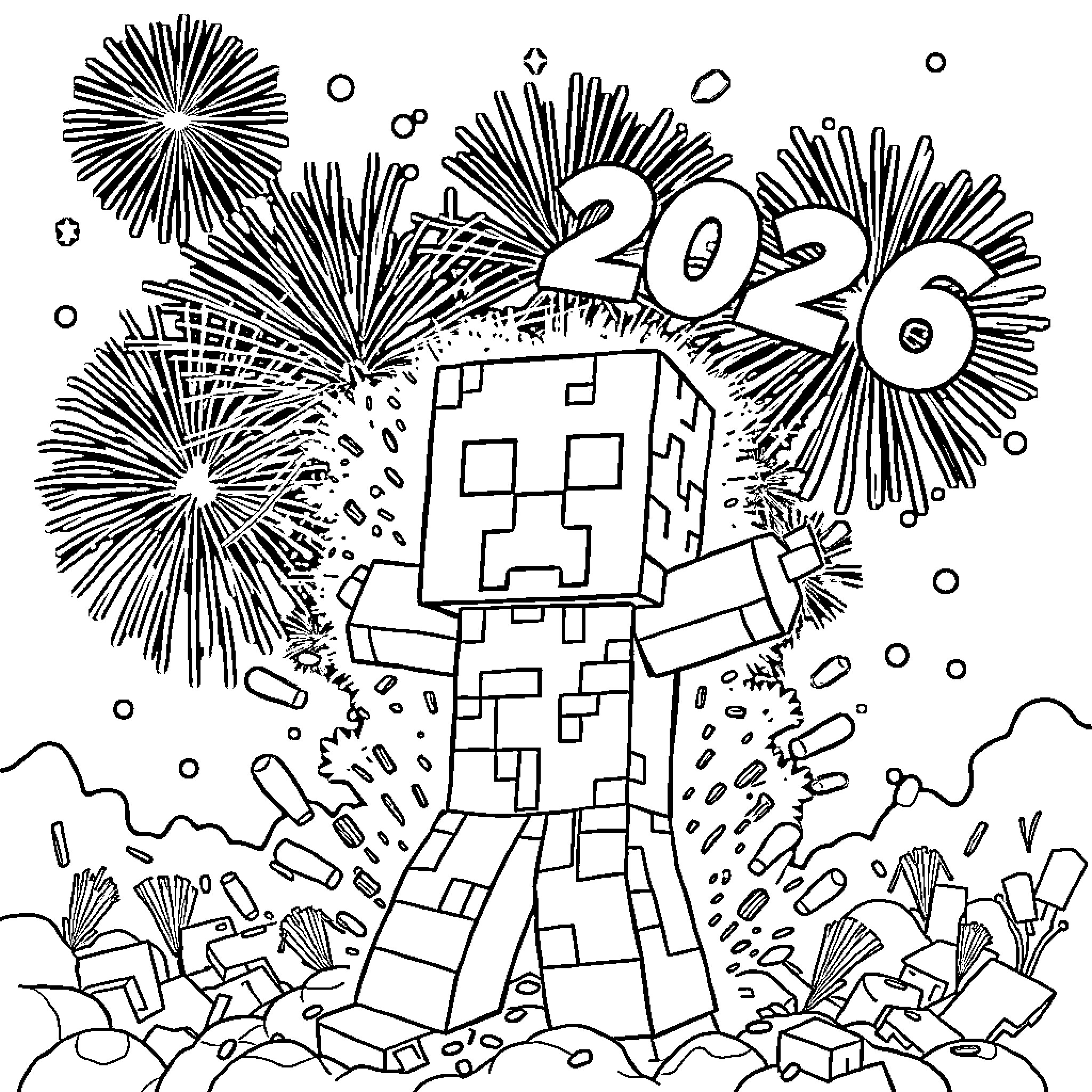 Creeper celebrating the New Year with fireworks Coloring Page (free black-and-white line drawing printable PDF for all, from beginners to advanced learners, including children, teens, adults, and seniors)