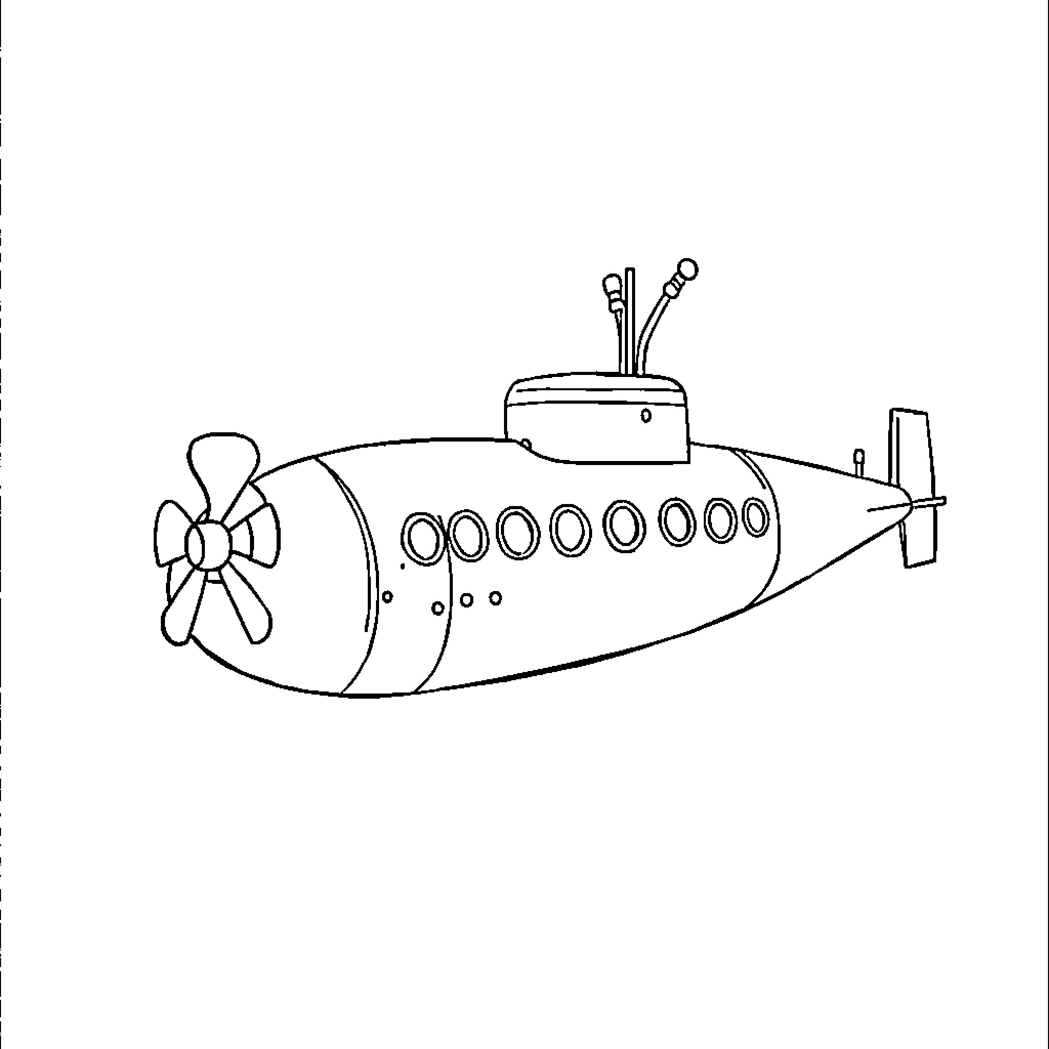 Submarine with Unique Decorations Coloring Page (free black-and-white line drawing printable PDF for all, from beginners to advanced learners, including children, teens, adults, and seniors)
