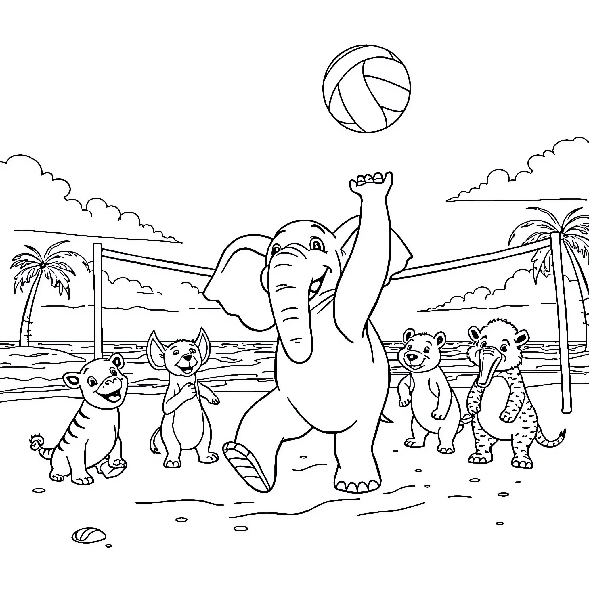Elephant playing volleyball with animal friends on the beach Coloring Page (free black-and-white line drawing printable PDF for all, from beginners to advanced learners, including children, teens, adults, and seniors)