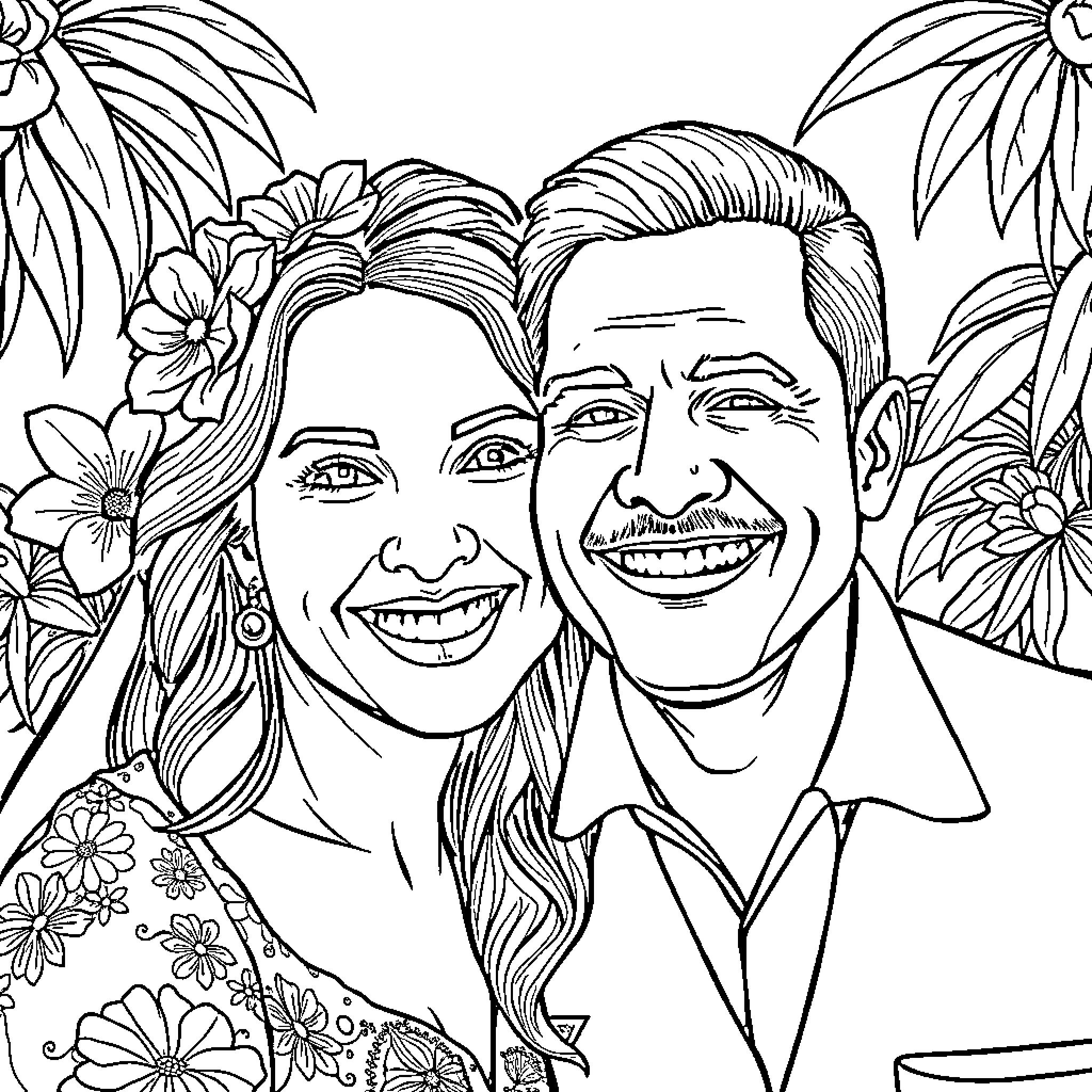 Colombian couple smiling amid vibrant floral surroundings Coloring Page (free black-and-white line drawing printable PDF for all, from beginners to advanced learners, including children, teens, adults, and seniors)