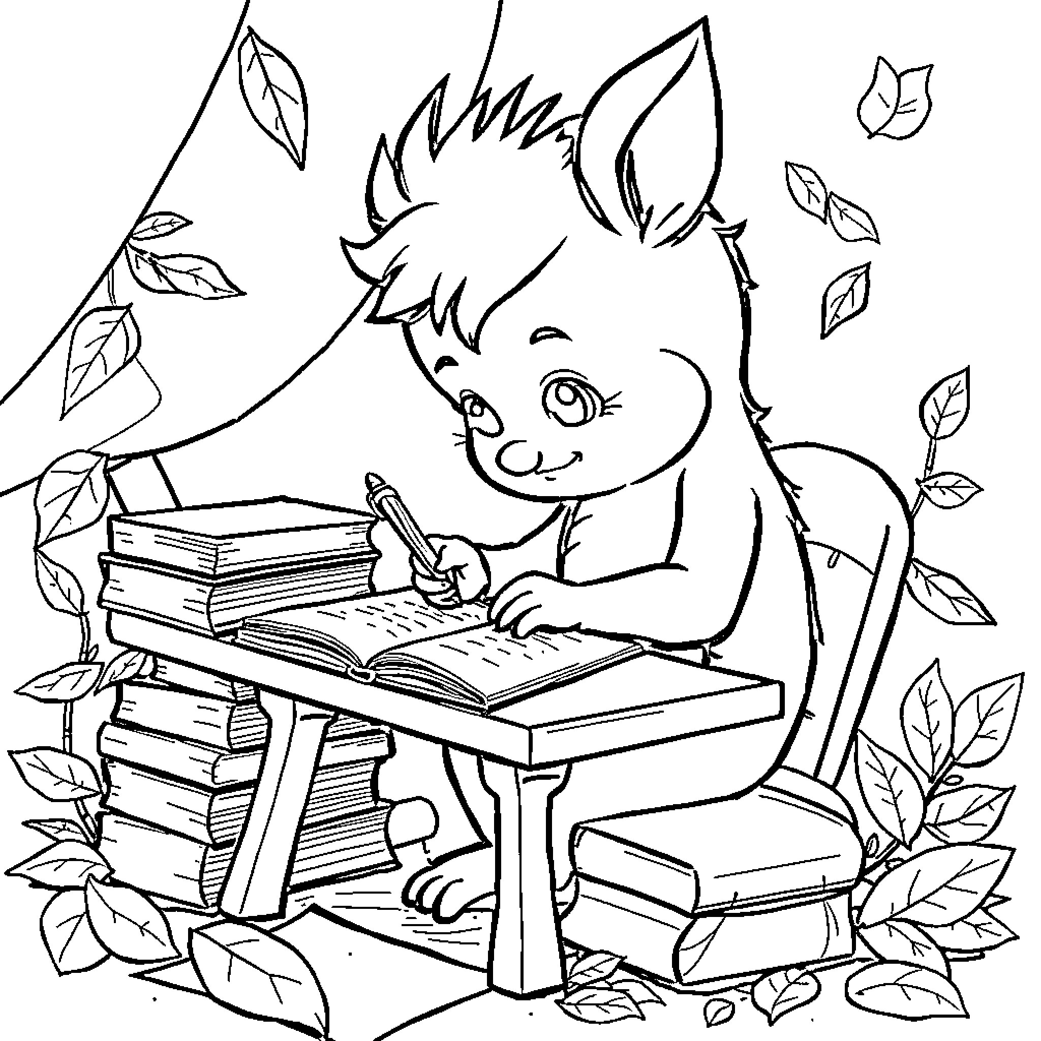 Pinocchio studying among the leaves Coloring Page (free black-and-white line drawing printable PDF for all, from beginners to advanced learners, including children, teens, adults, and seniors)
