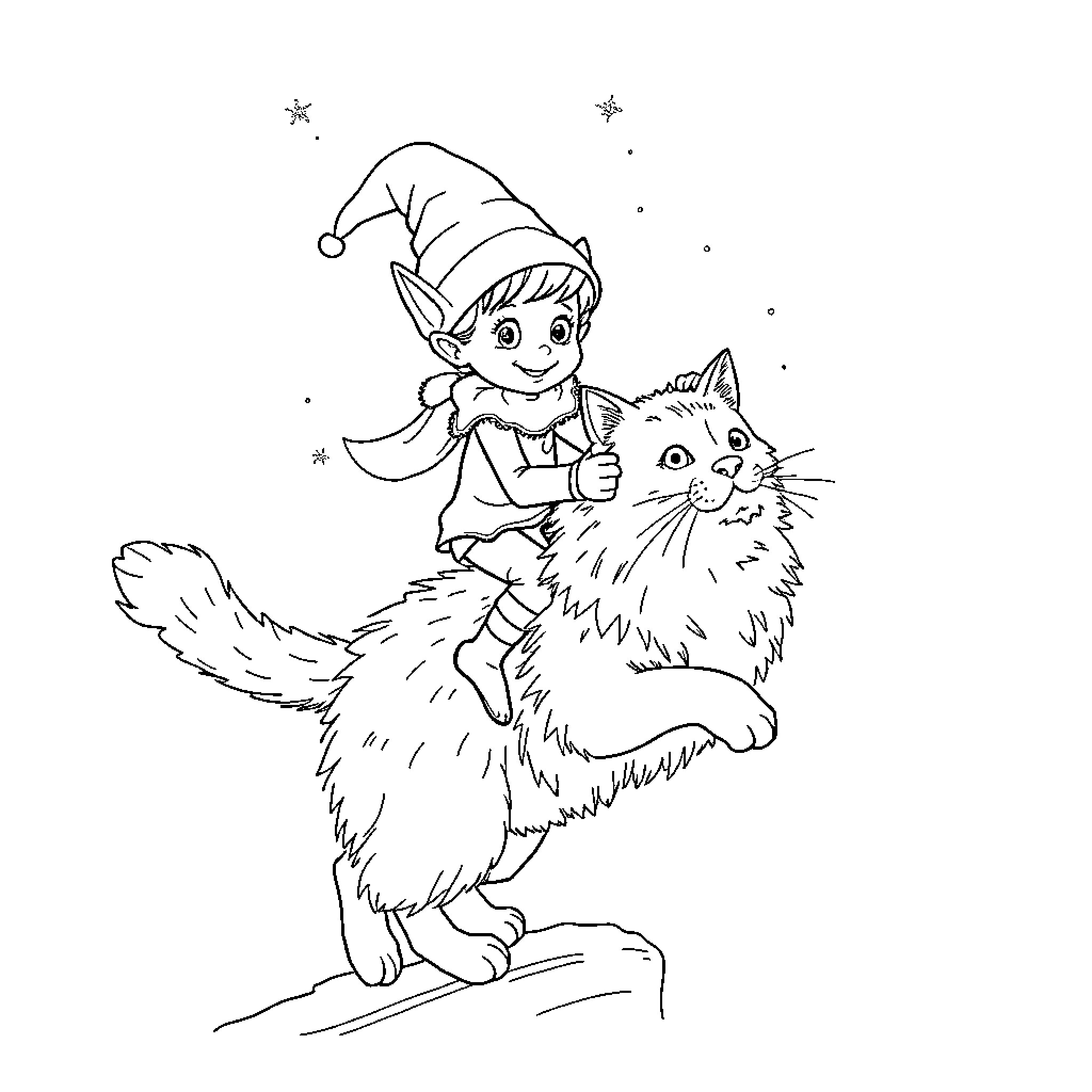 Elf playing with cute furry cat under starry night Coloring Page (free black-and-white line drawing printable PDF for all, from beginners to advanced learners, including children, teens, adults, and seniors)