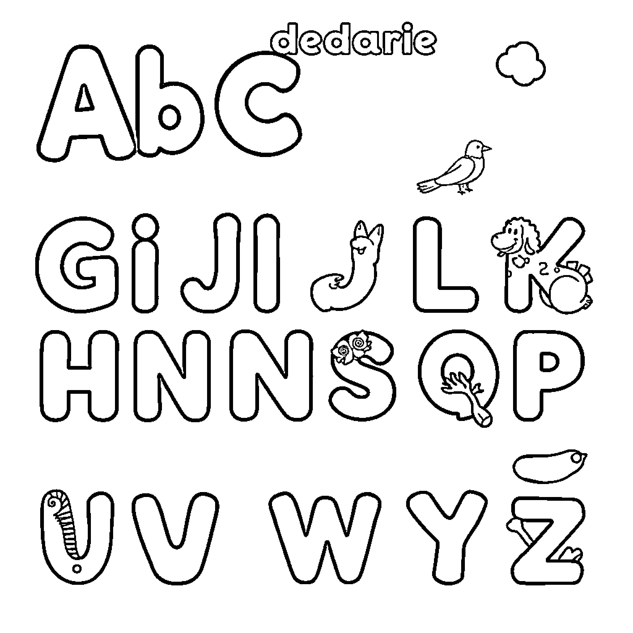 Alphabet animals and nature elements in doodle style Coloring Page (free black-and-white line drawing printable PDF for all, from beginners to advanced learners, including children, teens, adults, and seniors)