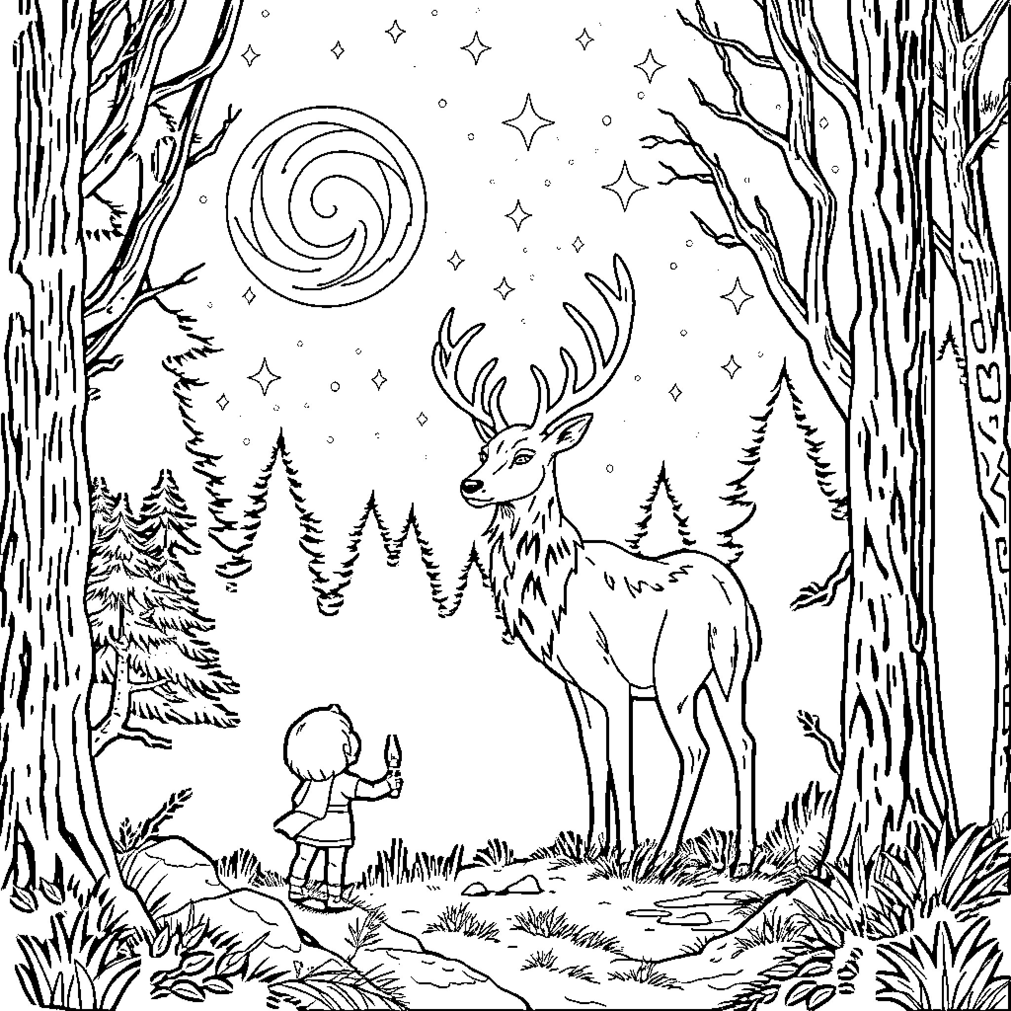 Deer in Magical Forest with Human Figure Coloring Page (free black-and-white line drawing printable PDF for all, from beginners to advanced learners, including children, teens, adults, and seniors)