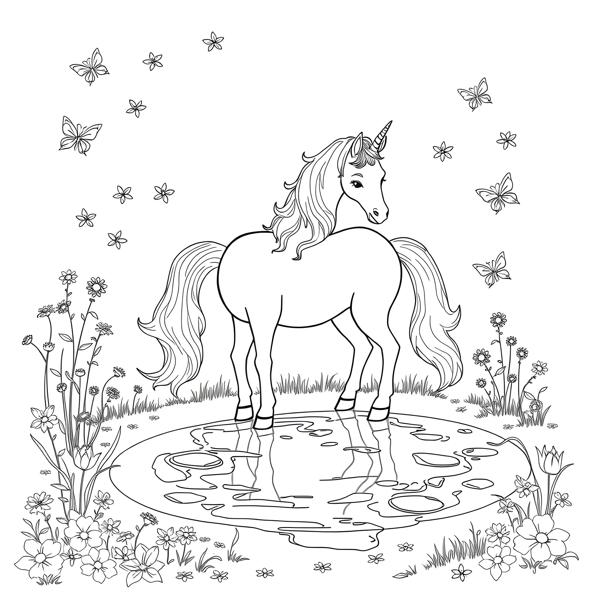 Unicorn surrounded by butterflies and flowers Coloring Page (free black-and-white line drawing printable PDF for all, from beginners to advanced learners, including children, teens, adults, and seniors)