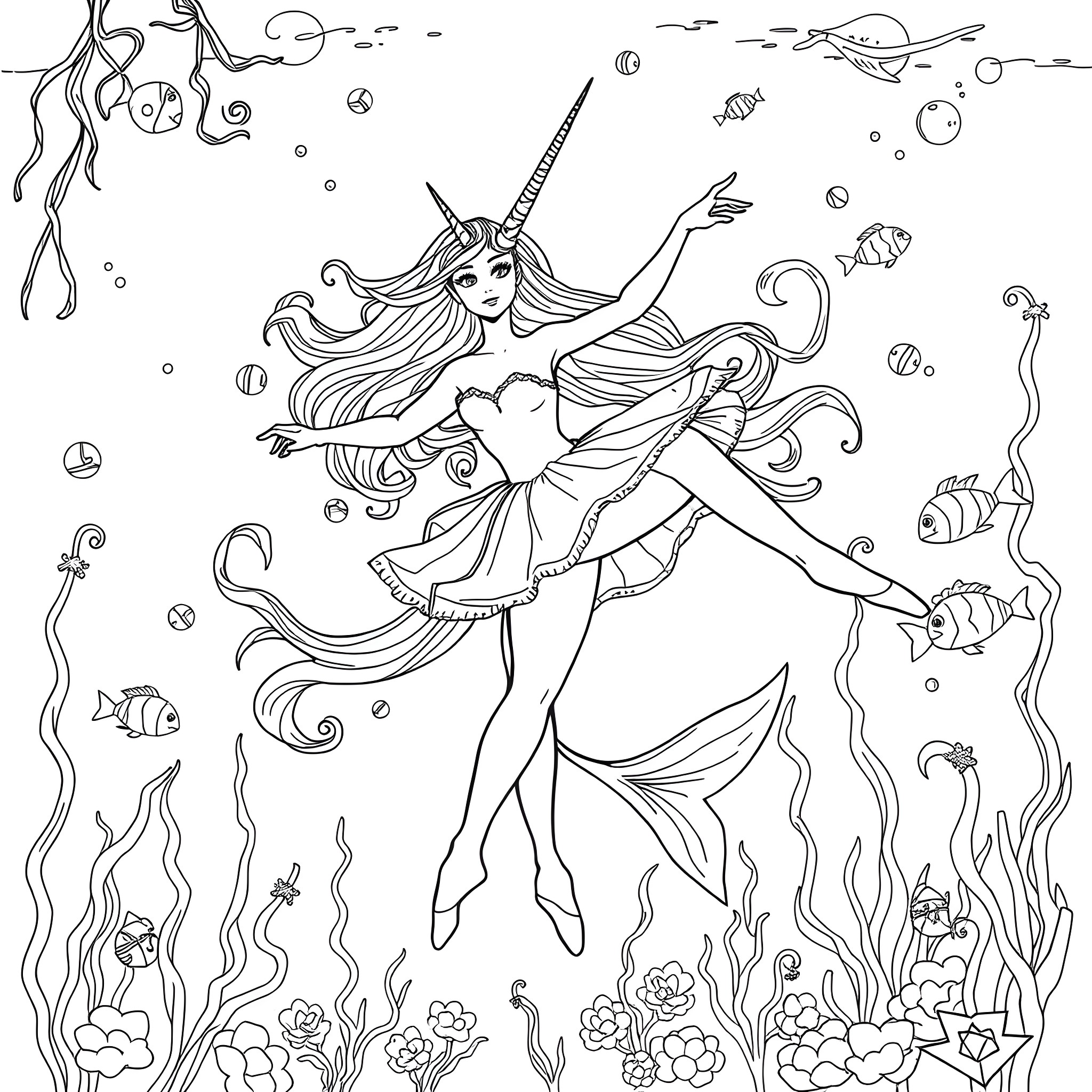 Unicorn Ballerina Dancing Underwater Coloring Page (free black-and-white line drawing printable PDF for all, from beginners to advanced learners, including children, teens, adults, and seniors)