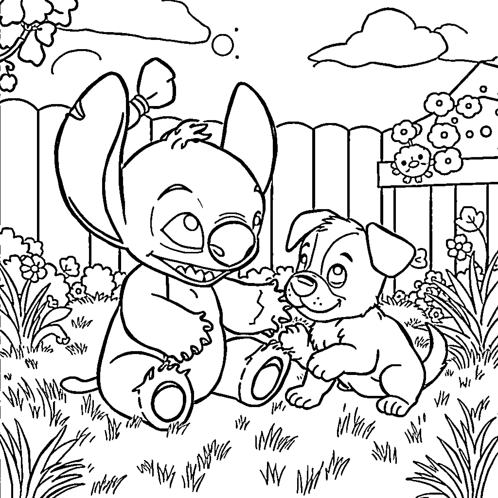 Stitch playing with puppy in a garden Coloring Page (free black-and-white line drawing printable PDF for all, from beginners to advanced learners, including children, teens, adults, and seniors)