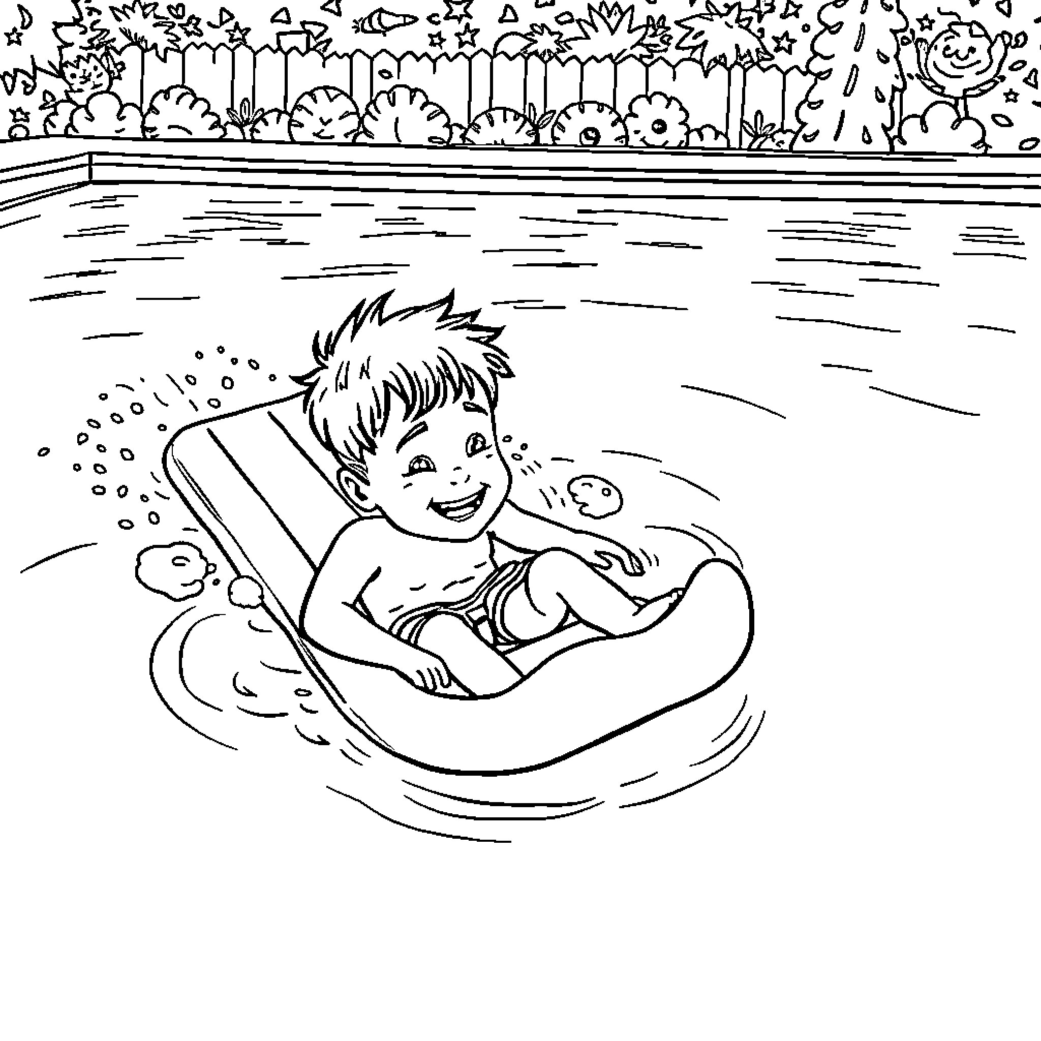 Boy joyfully swimming in the lake Coloring Page (free black-and-white line drawing printable PDF for all, from beginners to advanced learners, including children, teens, adults, and seniors)
