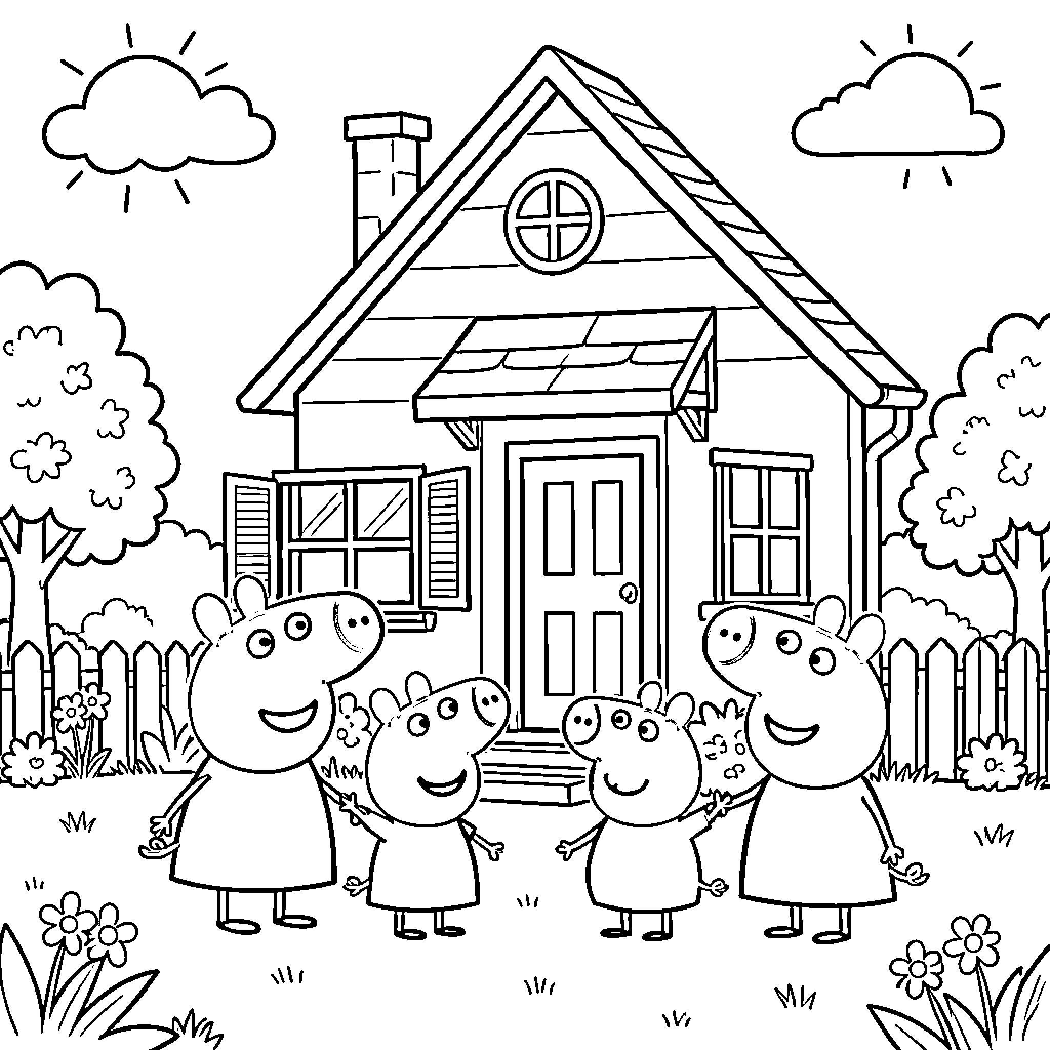Peppa Pig Family enjoying a day at their home Coloring Page (free black-and-white line drawing printable PDF for all, from beginners to advanced learners, including children, teens, adults, and seniors)