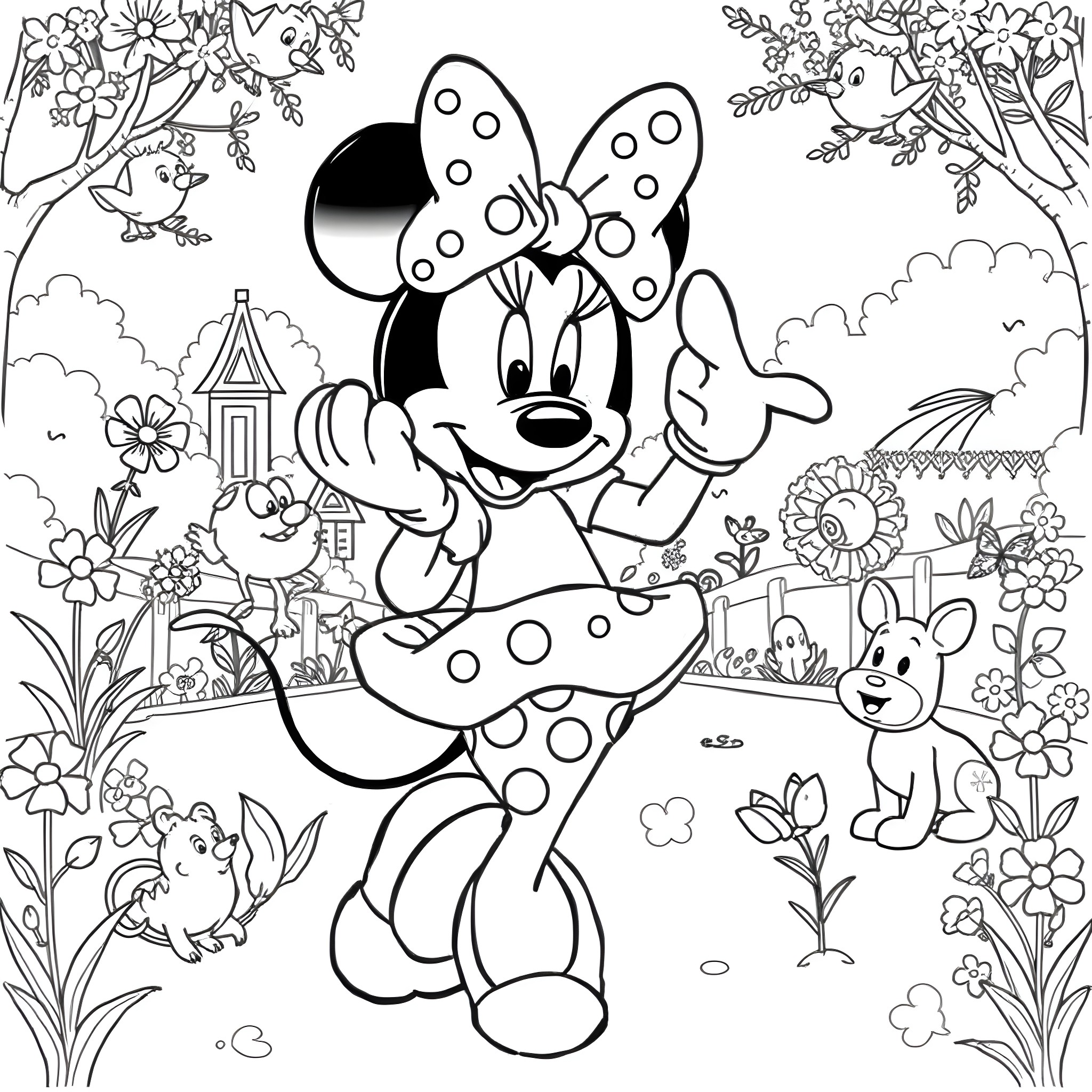 Minnie Mouse surrounded by flowers and friends in nature Coloring Page (free black-and-white line drawing printable PDF for all, from beginners to advanced learners, including children, teens, adults, and seniors)
