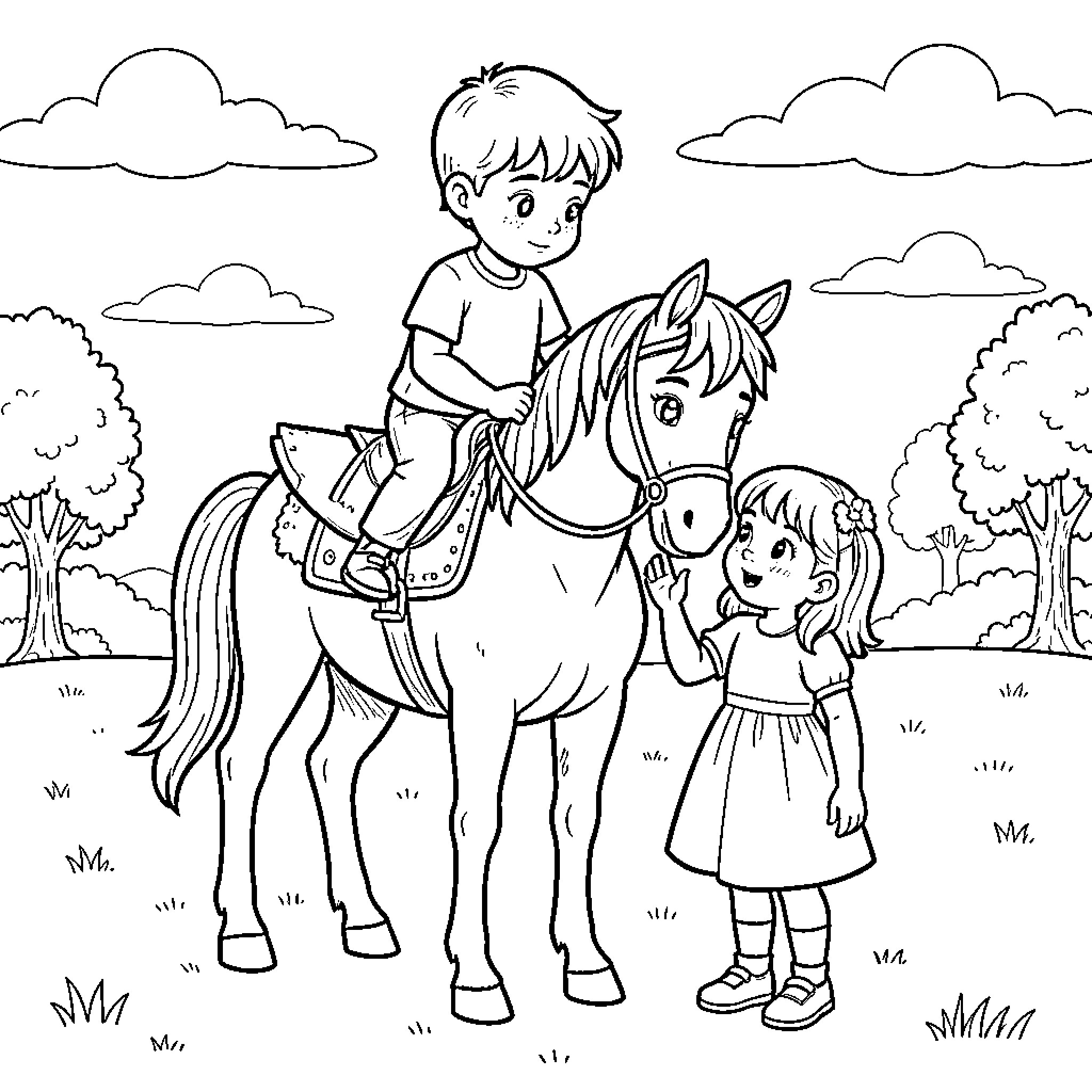 Enfant riding a horse while a girl waves Coloring Page (free black-and-white line drawing printable PDF for all, from beginners to advanced learners, including children, teens, adults, and seniors)
