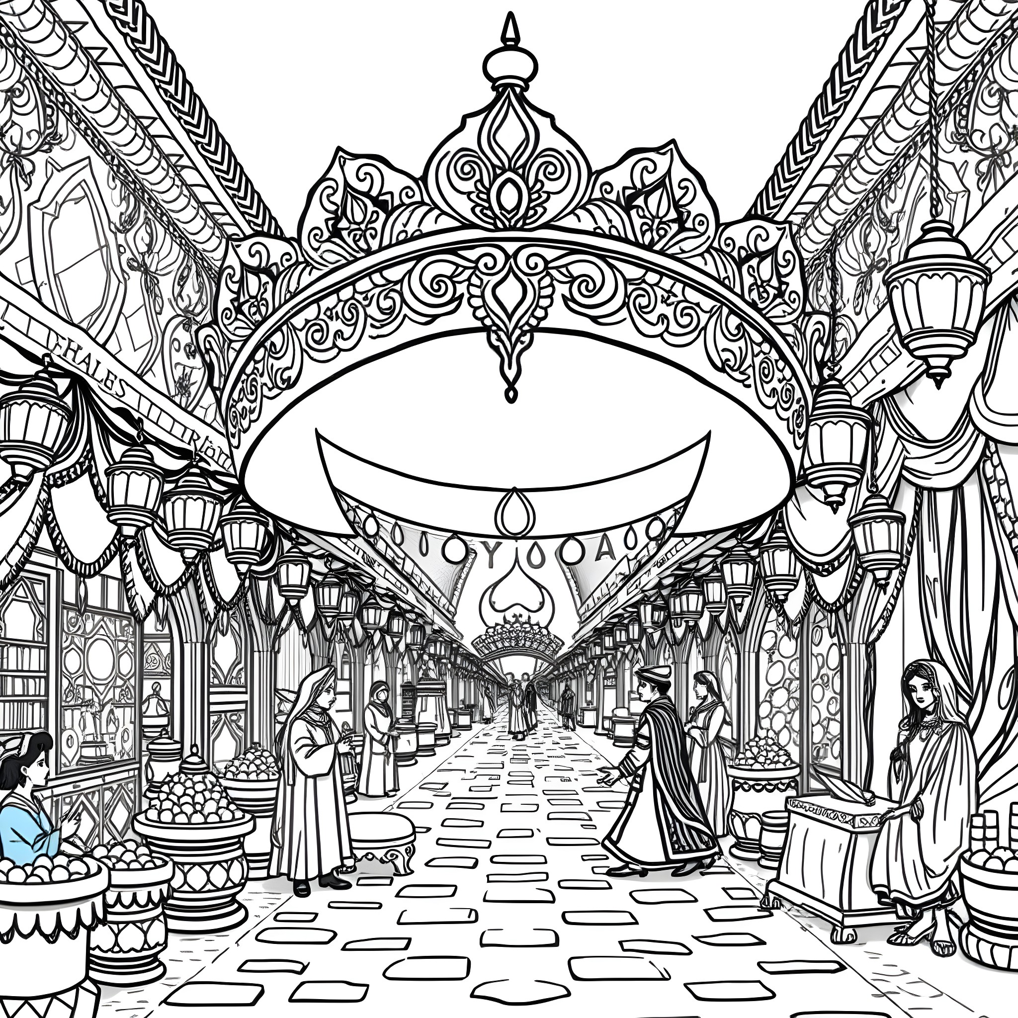 Aladdin's Enchanted Palace: A Magical Journey Coloring Page (free black-and-white line drawing printable PDF for all, from beginners to advanced learners, including children, teens, adults, and seniors)