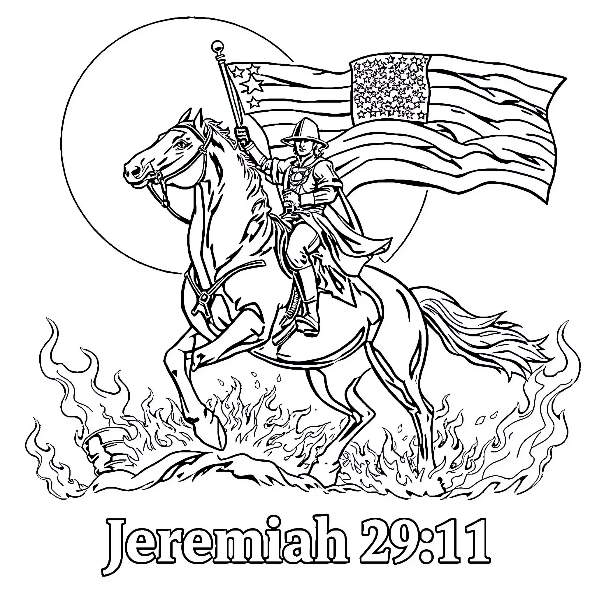 Horse-mounted soldier carrying American flag Coloring Page (free black-and-white line drawing printable PDF for all, from beginners to advanced learners, including children, teens, adults, and seniors)