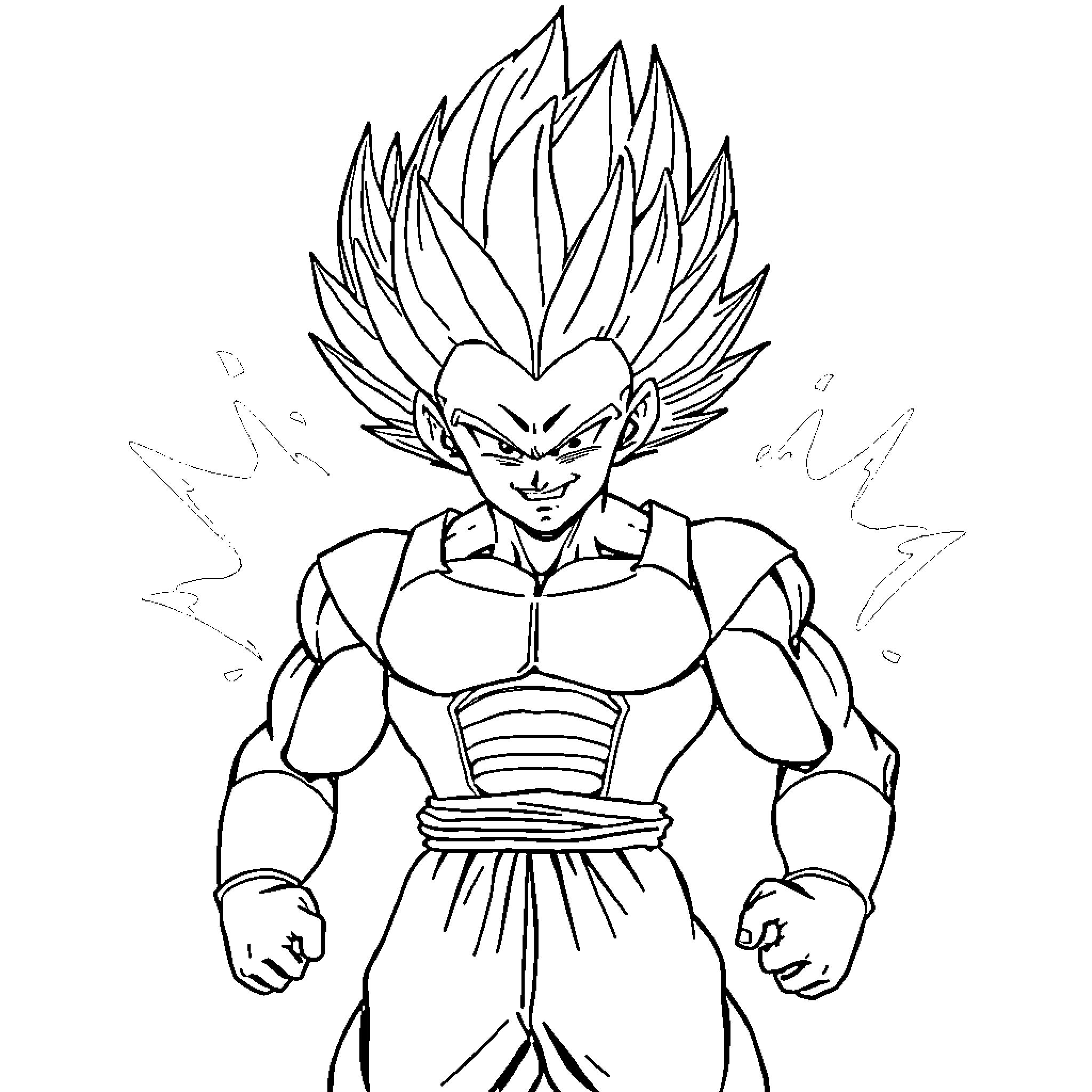 Vegeta's Fierce Warrior Pose Coloring Page (free black-and-white line drawing printable PDF for all, from beginners to advanced learners, including children, teens, adults, and seniors)
