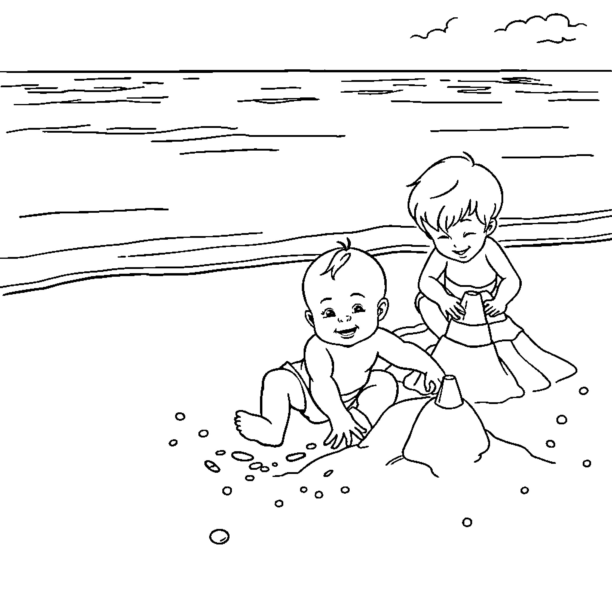Baby siblings playing on the beach Coloring Page (free black-and-white line drawing printable PDF for all, from beginners to advanced learners, including children, teens, adults, and seniors)