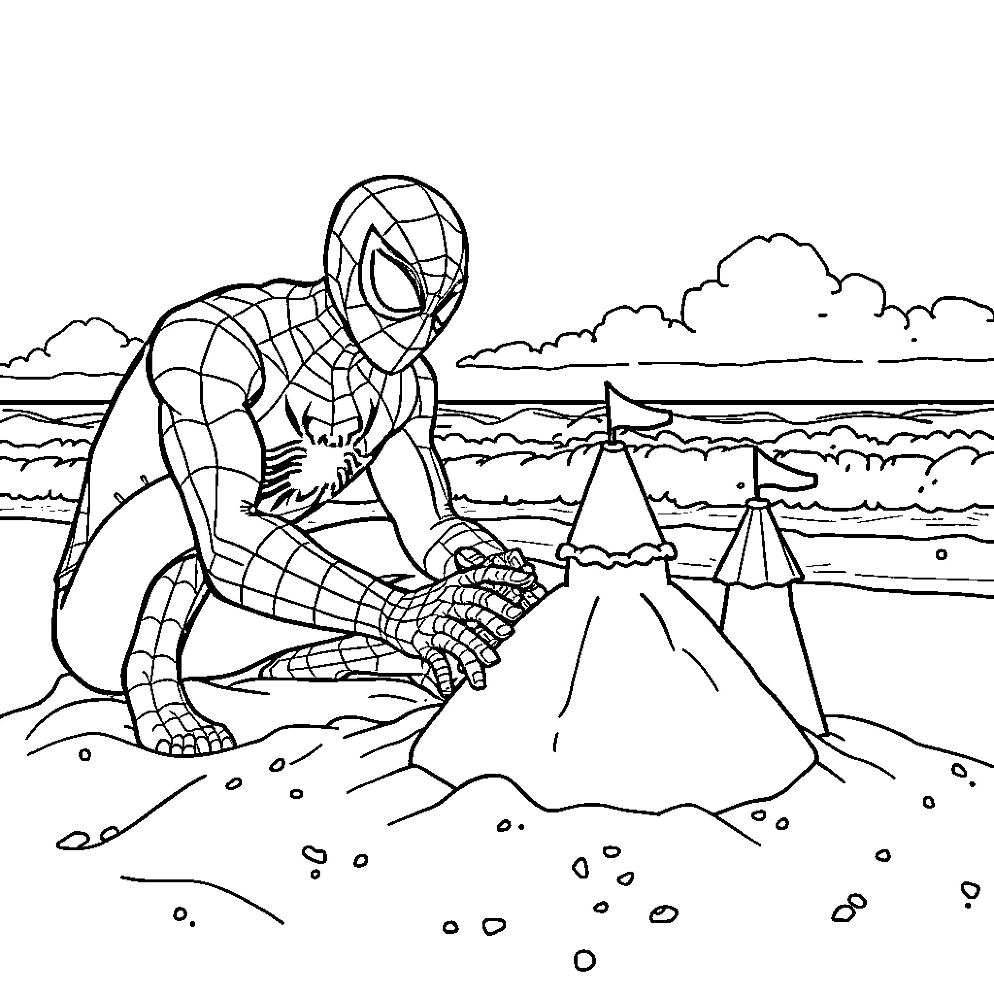 Spiderman building sandcastles on the beach Coloring Page (free black-and-white line drawing printable PDF for all, from beginners to advanced learners, including children, teens, adults, and seniors)