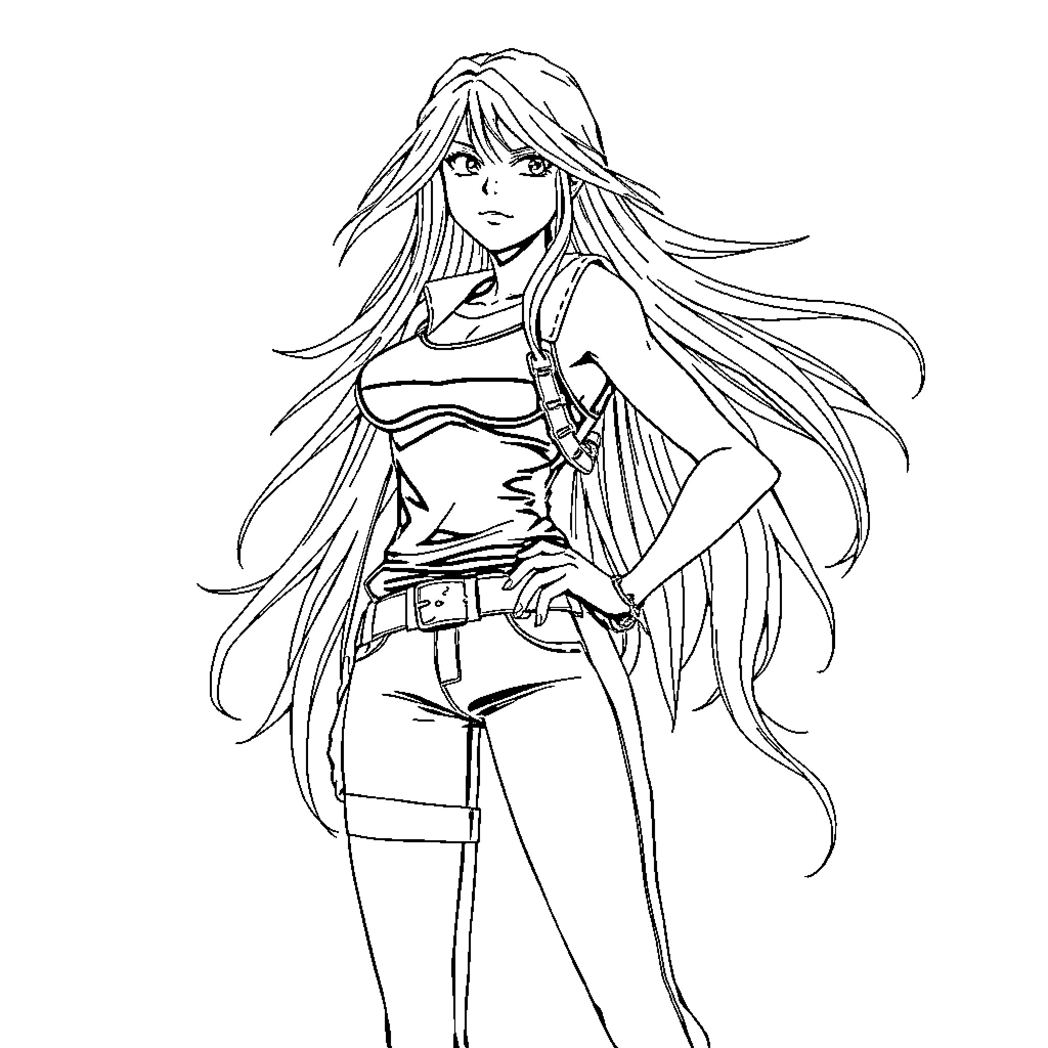 Makima's Confident Pose with Long Flowing Hair Coloring Page (free black-and-white line drawing printable PDF for all, from beginners to advanced learners, including children, teens, adults, and seniors)