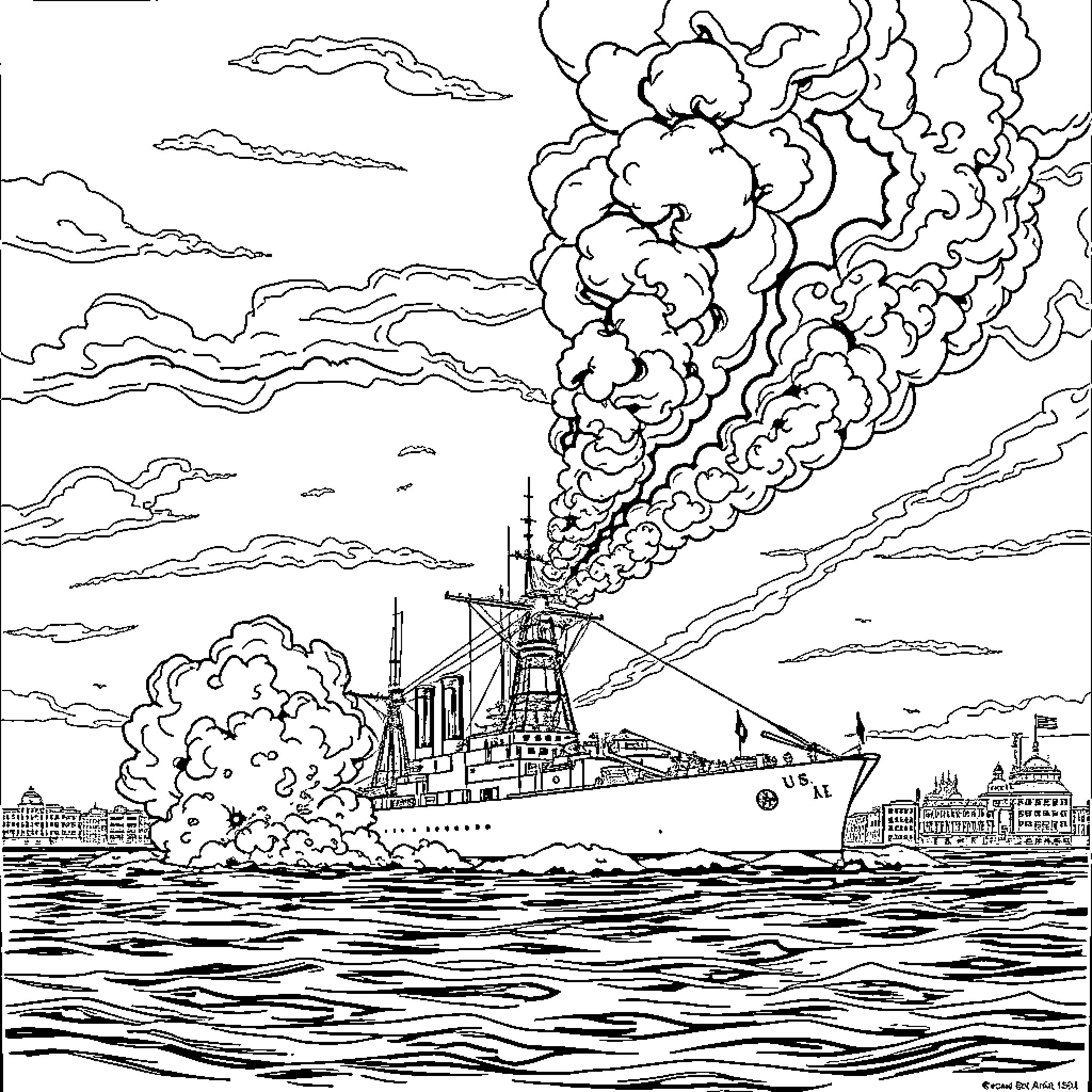 USS Maine Explosion in the Havana Harbor Coloring Page (free black-and-white line drawing printable PDF for all, from beginners to advanced learners, including children, teens, adults, and seniors)
