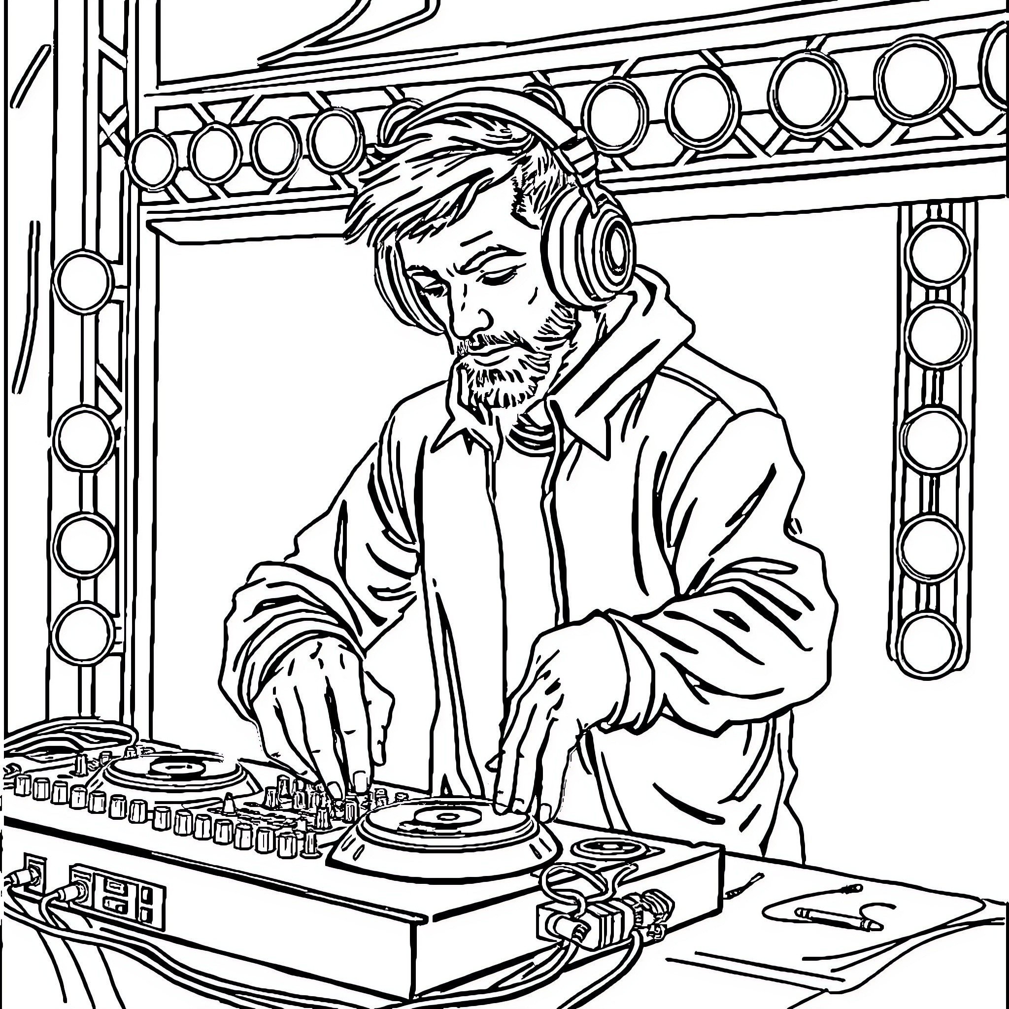 DJ performing on stage with headphones Coloring Page (free black-and-white line drawing printable PDF for all, from beginners to advanced learners, including children, teens, adults, and seniors)