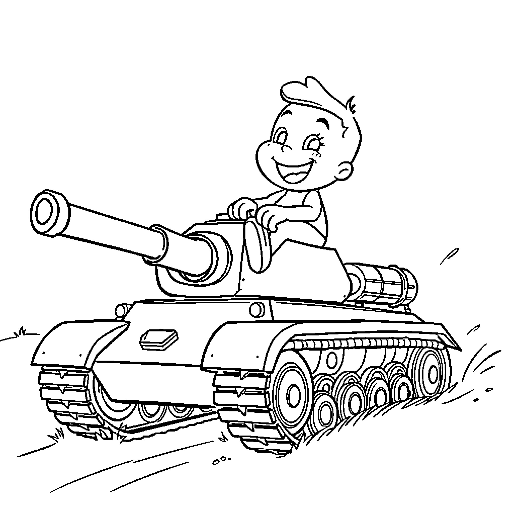 Bluey riding an armored tank with excitement Coloring Page (free black-and-white line drawing printable PDF for all, from beginners to advanced learners, including children, teens, adults, and seniors)