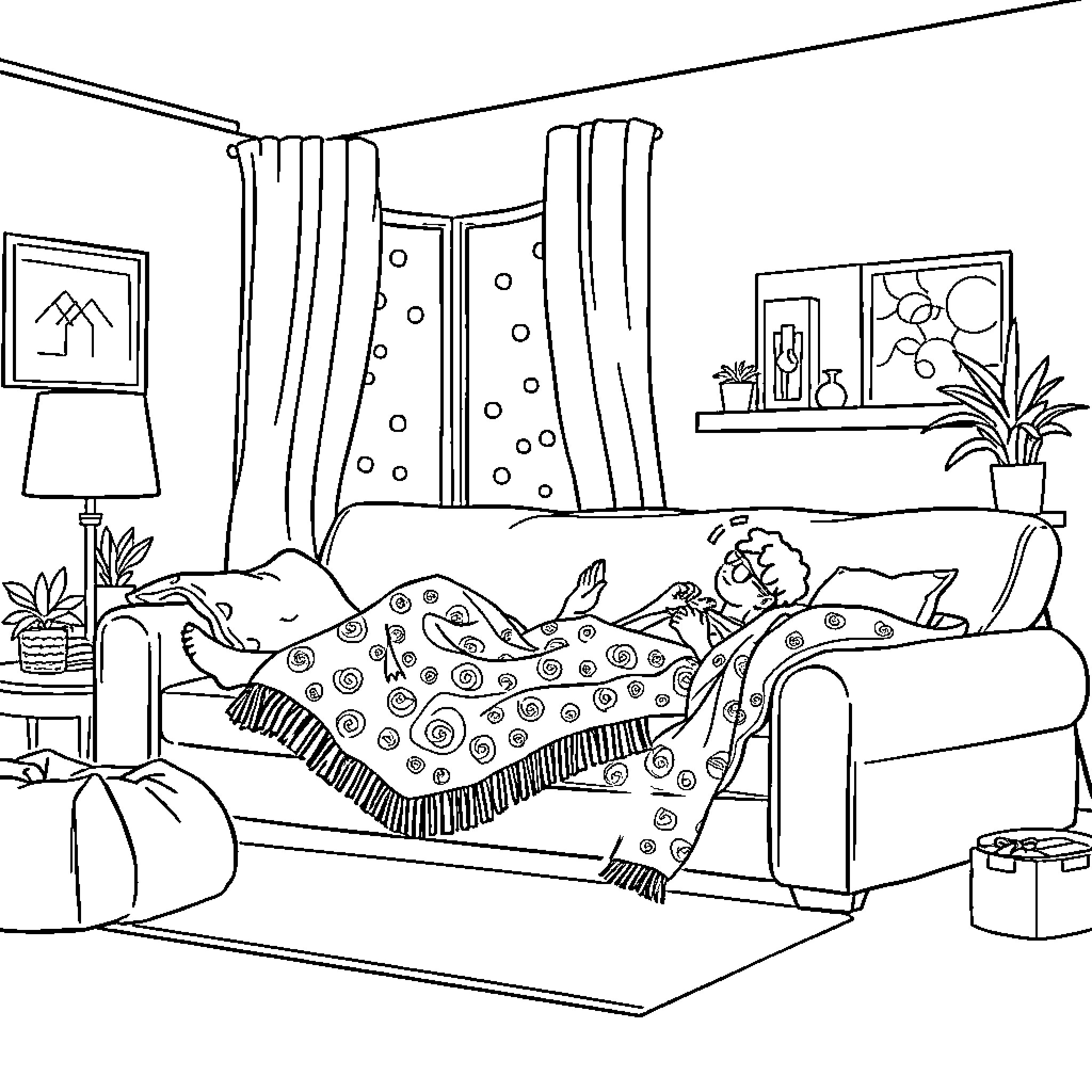Home Cozy Afternoon Relaxation Coloring Page (free black-and-white line drawing printable PDF for all, from beginners to advanced learners, including children, teens, adults, and seniors)