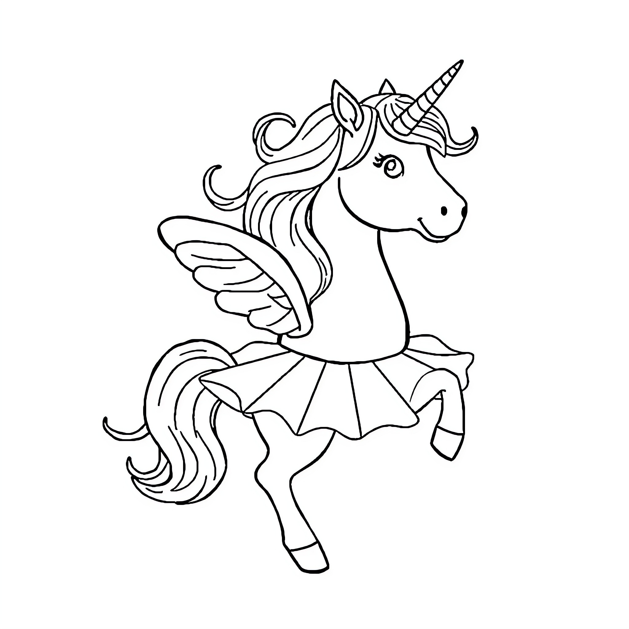 Unicorn dancing with wings Coloring Page (free black-and-white line drawing printable PDF for all, from beginners to advanced learners, including children, teens, adults, and seniors)