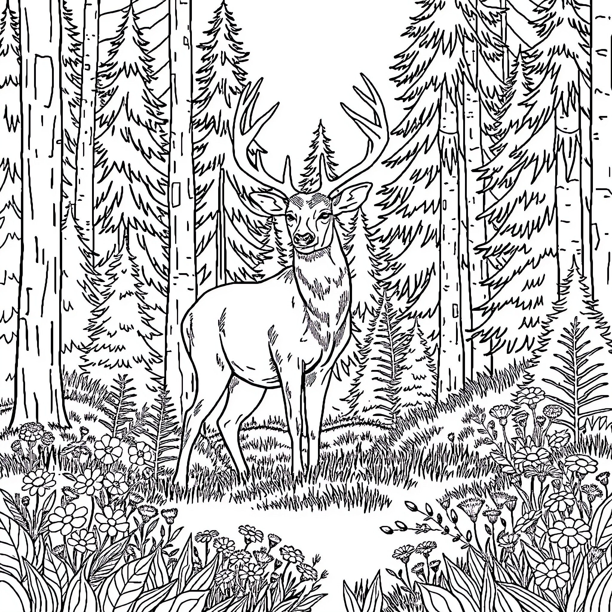 Buck in the Serene Forest Wilderness Coloring Page (free black-and-white line drawing printable PDF for all, from beginners to advanced learners, including children, teens, adults, and seniors)