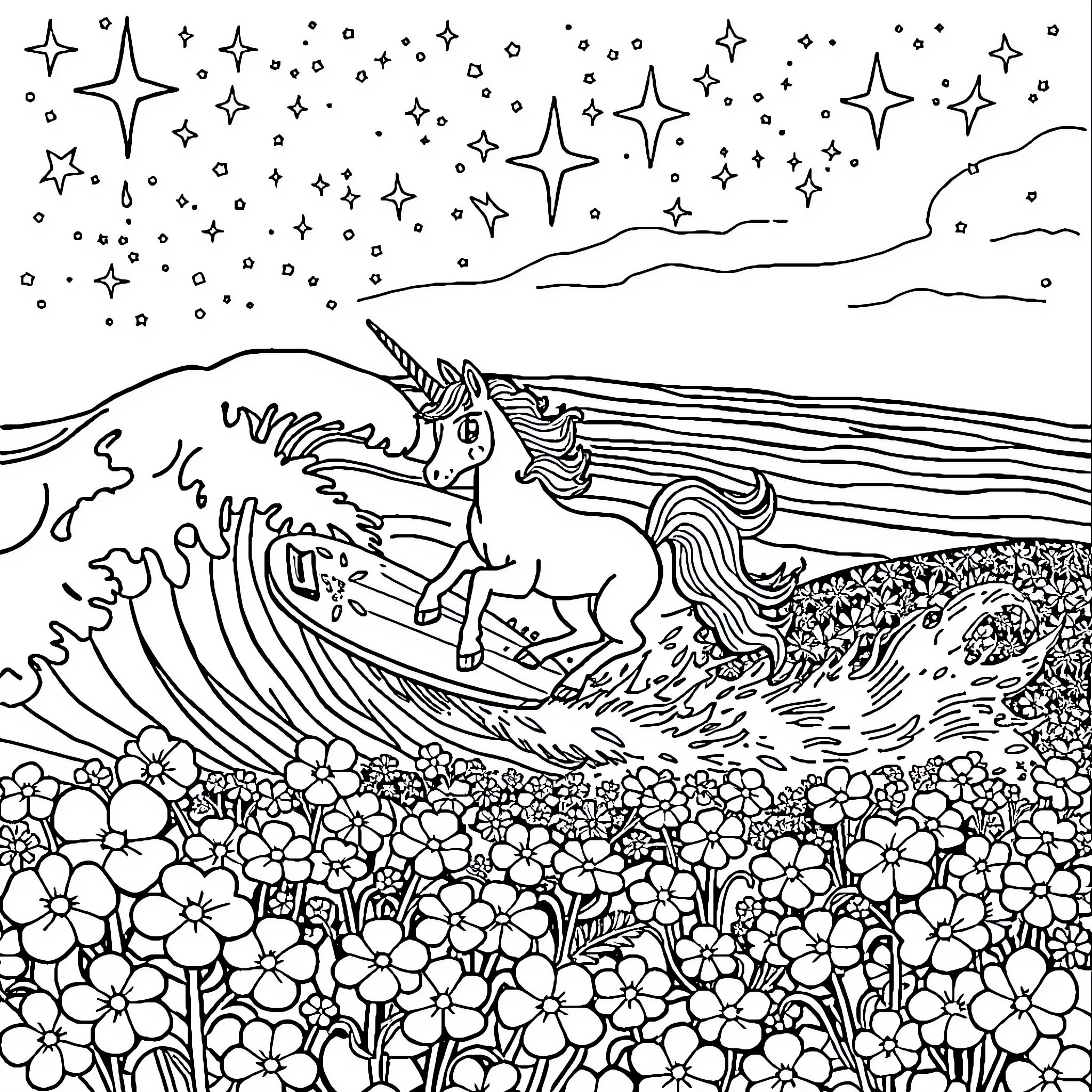Unicorn Surfing the Cosmic Waves Coloring Page (free black-and-white line drawing printable PDF for all, from beginners to advanced learners, including children, teens, adults, and seniors)