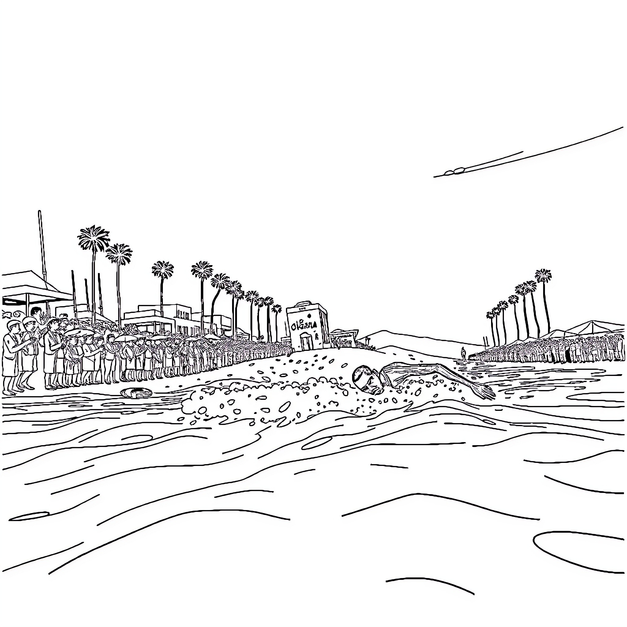 Obama Enjoying a Beach Day with Crowd Coloring Page (free black-and-white line drawing printable PDF for all, from beginners to advanced learners, including children, teens, adults, and seniors)