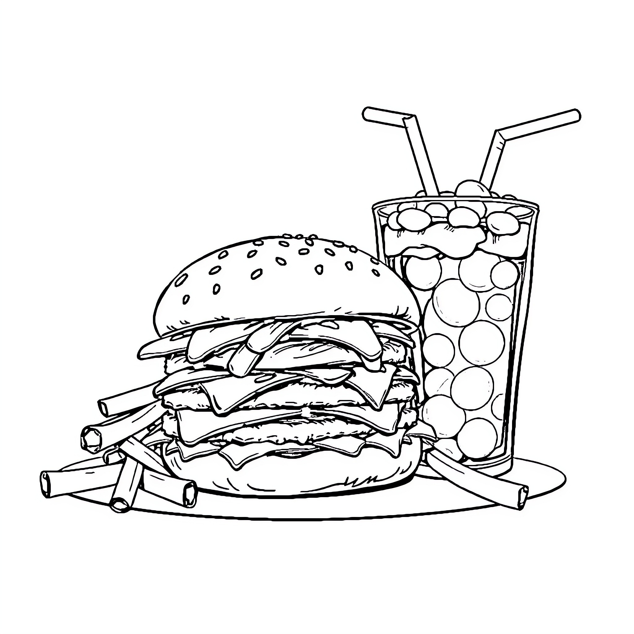 Burger with fries and a soda Coloring Page (free black-and-white line drawing printable PDF for all, from beginners to advanced learners, including children, teens, adults, and seniors)
