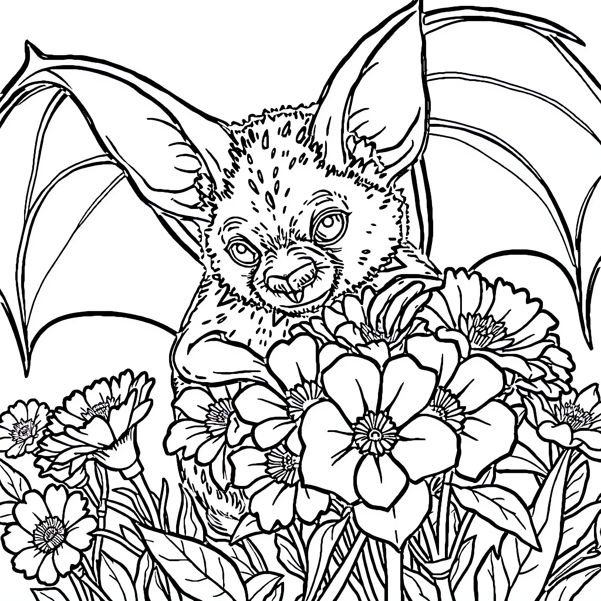 Bat Amidst Vibrant Floral Scenery Coloring Page (free black-and-white line drawing printable PDF for all, from beginners to advanced learners, including children, teens, adults, and seniors)