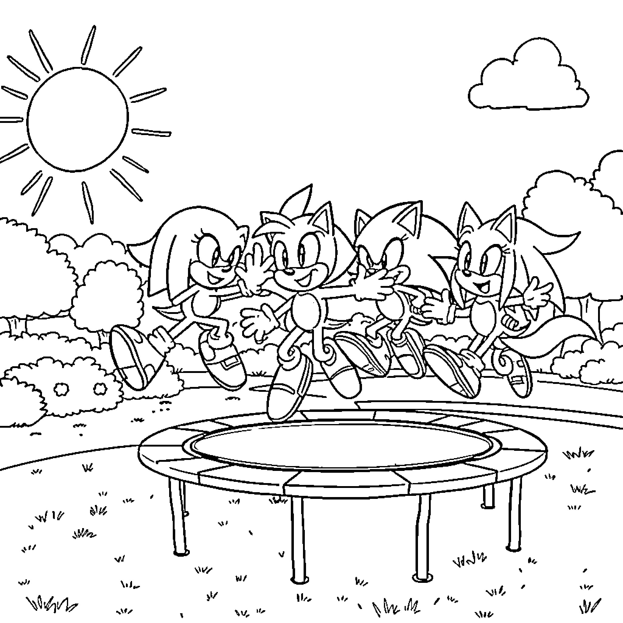 Sonic characters playing joyfully on a trampoline Coloring Page (free black-and-white line drawing printable PDF for all, from beginners to advanced learners, including children, teens, adults, and seniors)